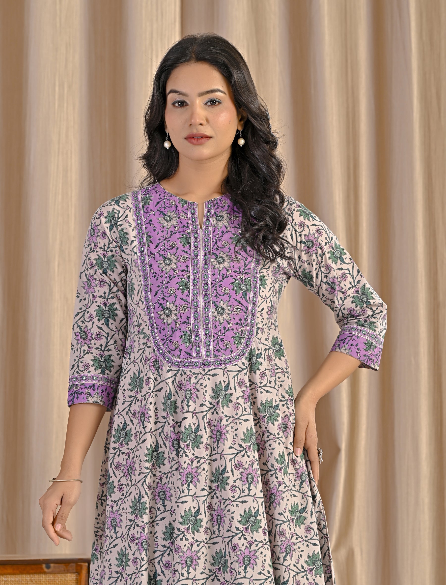 Grey Purple Jaal Hand Block Cotton Printed Anarkali Dress