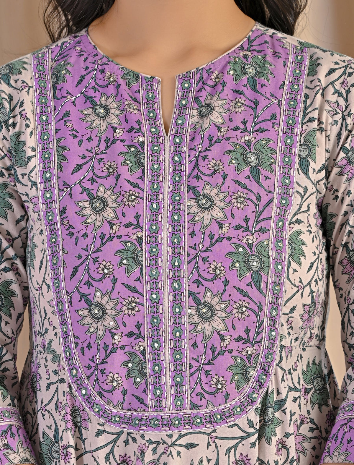 Grey Purple Jaal Hand Block Cotton Printed Anarkali Dress