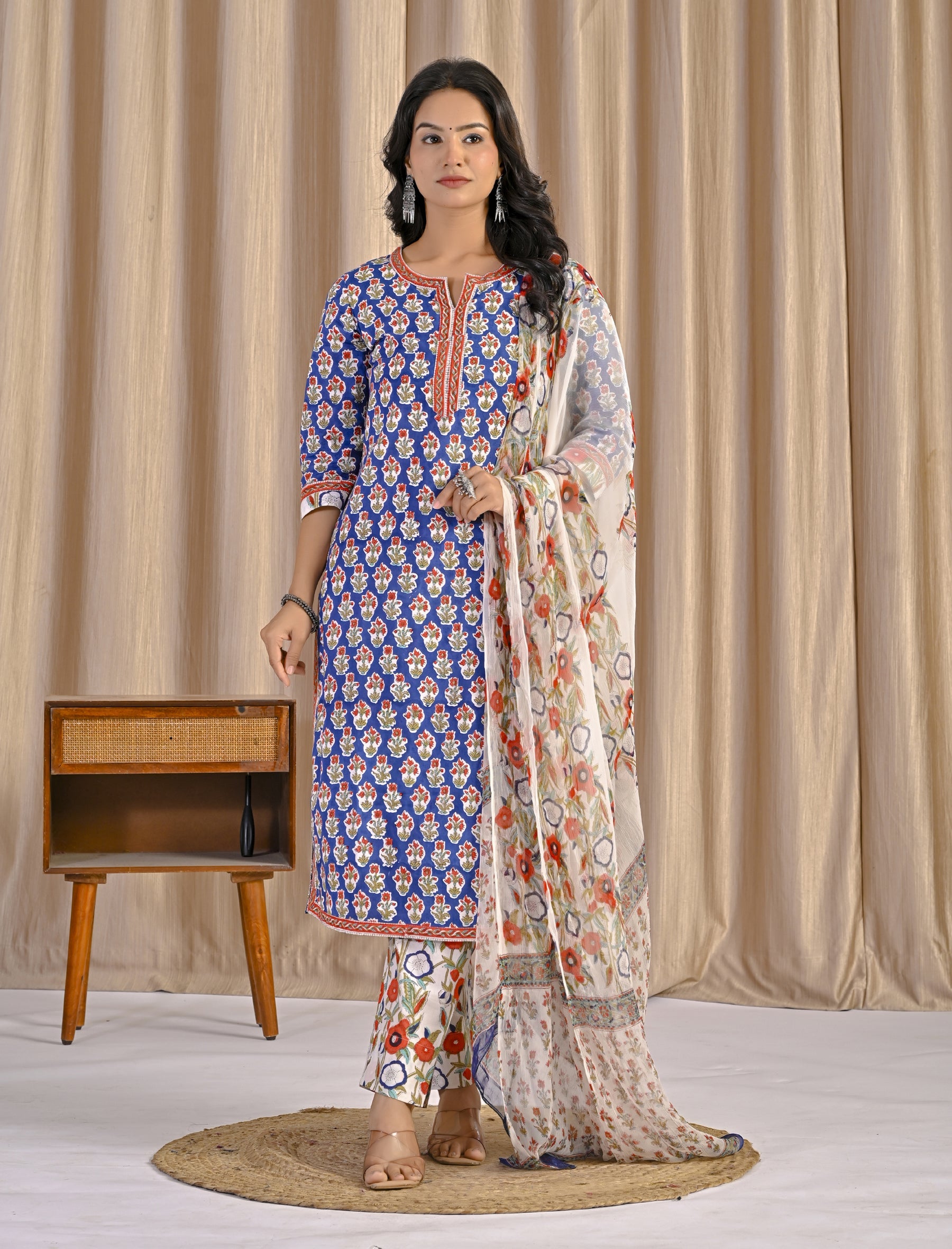 Blue Hand Block Printed Cotton Kurta Pant Set