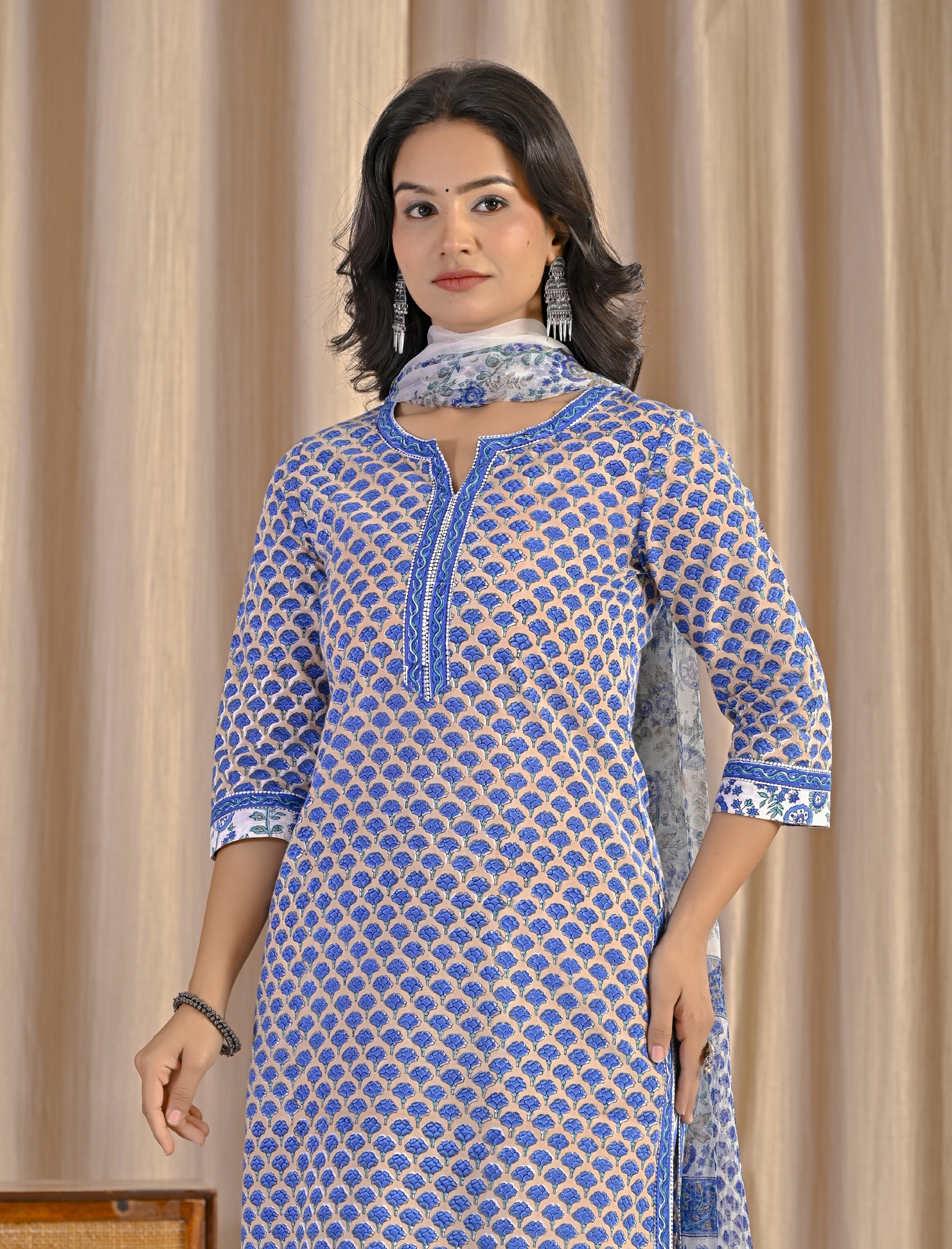 Beige Hand Block Printed Cotton Kurta Pant Set