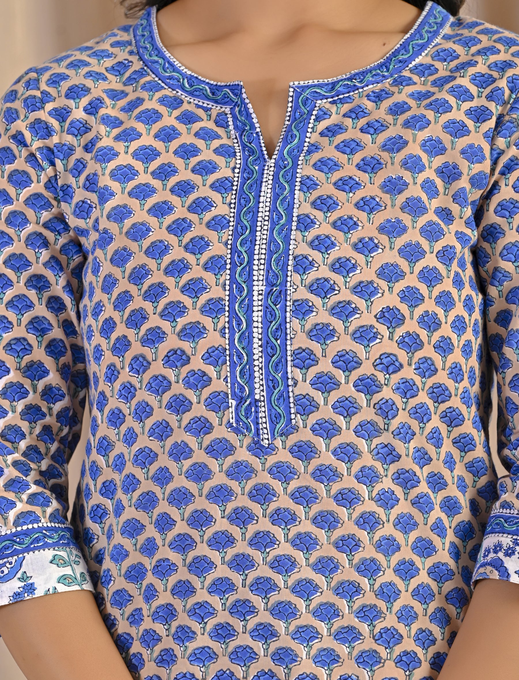 Beige Hand Block Printed Cotton Kurta Pant Set