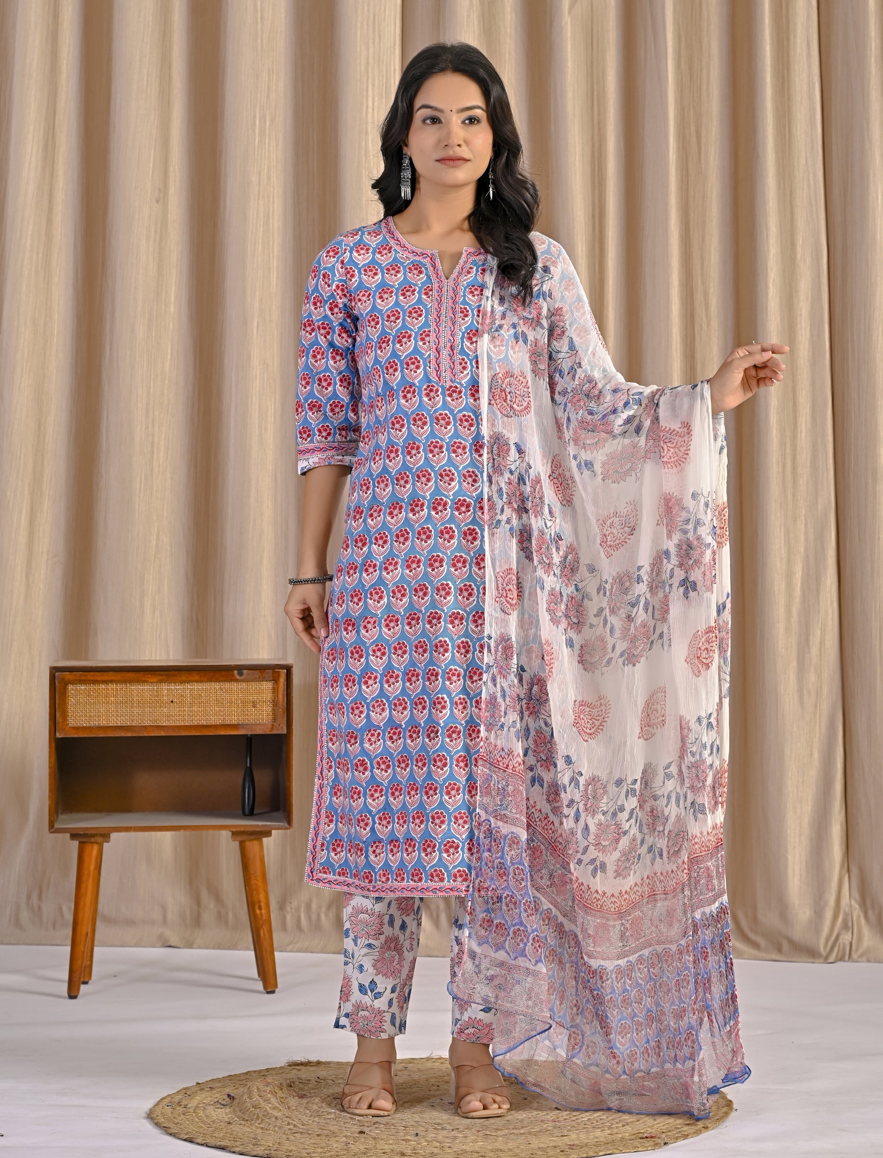 Light Blue Hand Block Printed Cotton Kurta Pant Set