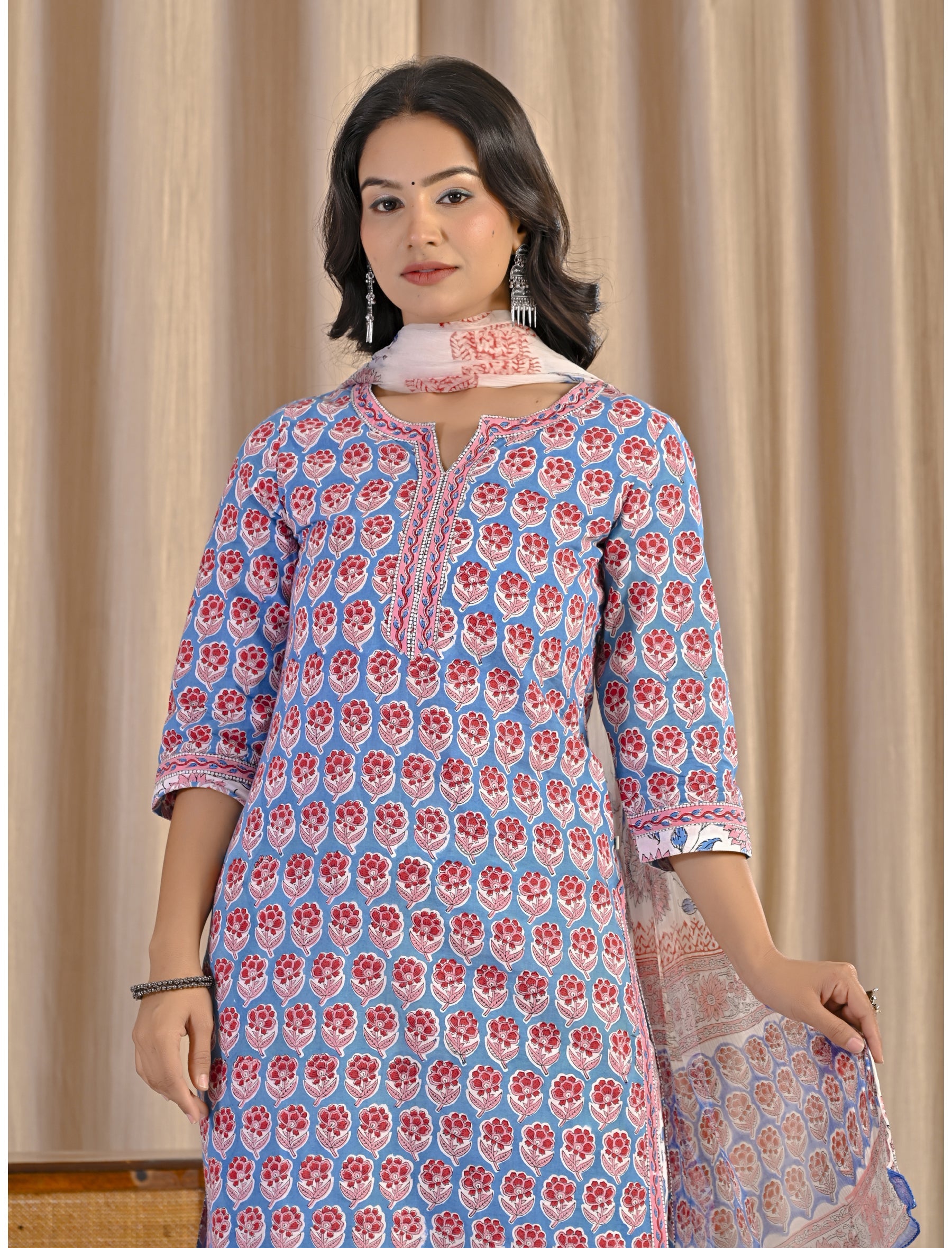 Light Blue Hand Block Printed Cotton Kurta Pant Set