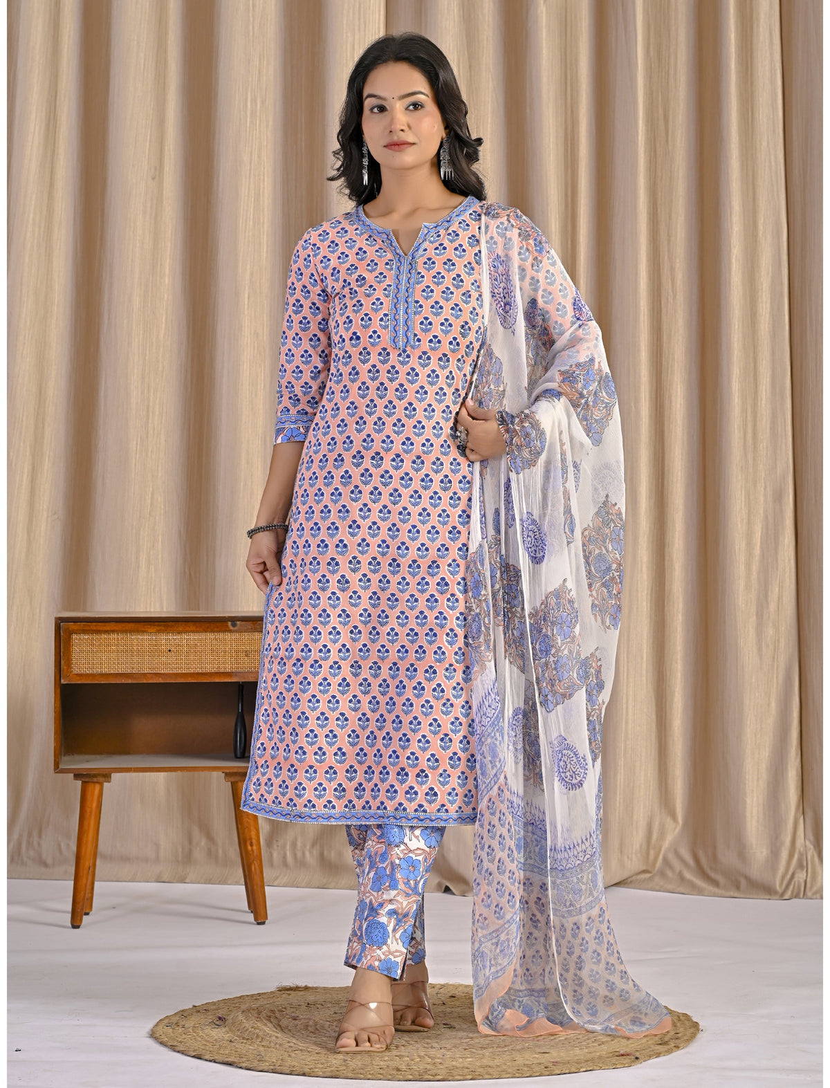 Peach Hand Block Printed Cotton Kurta Pant Set