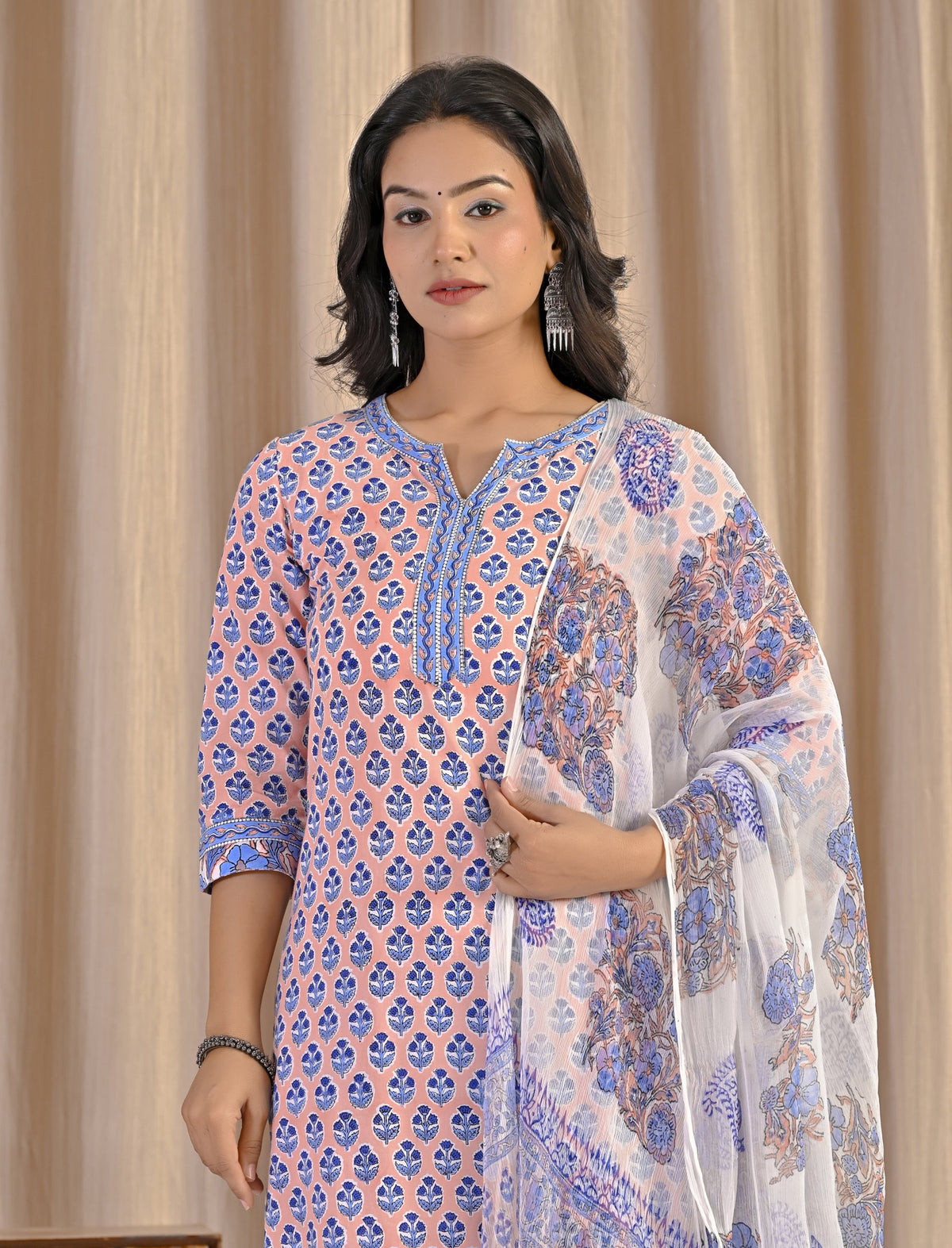 Peach Hand Block Printed Cotton Kurta Pant Set