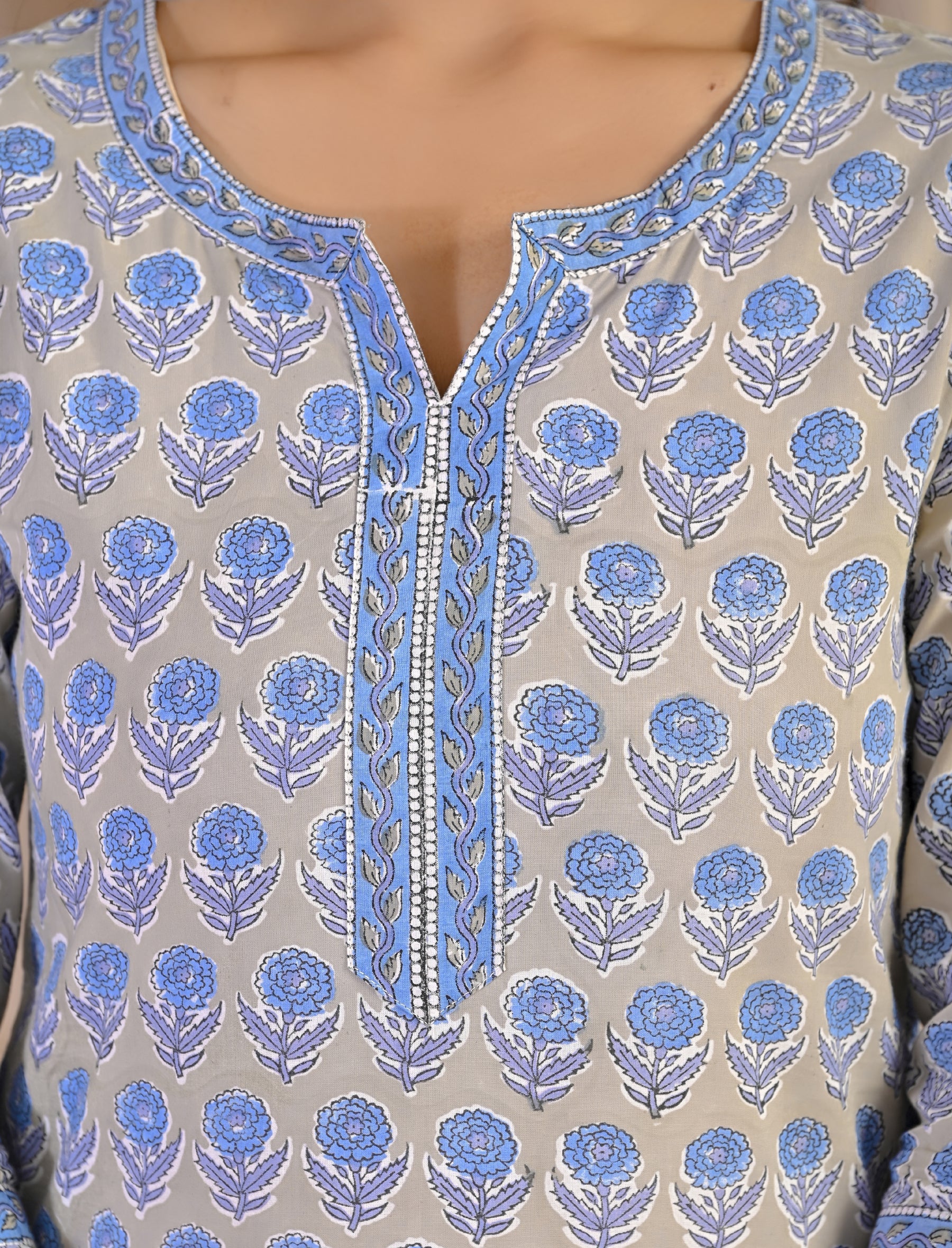 Grey Hand Block Printed Cotton Kurta Pant Set