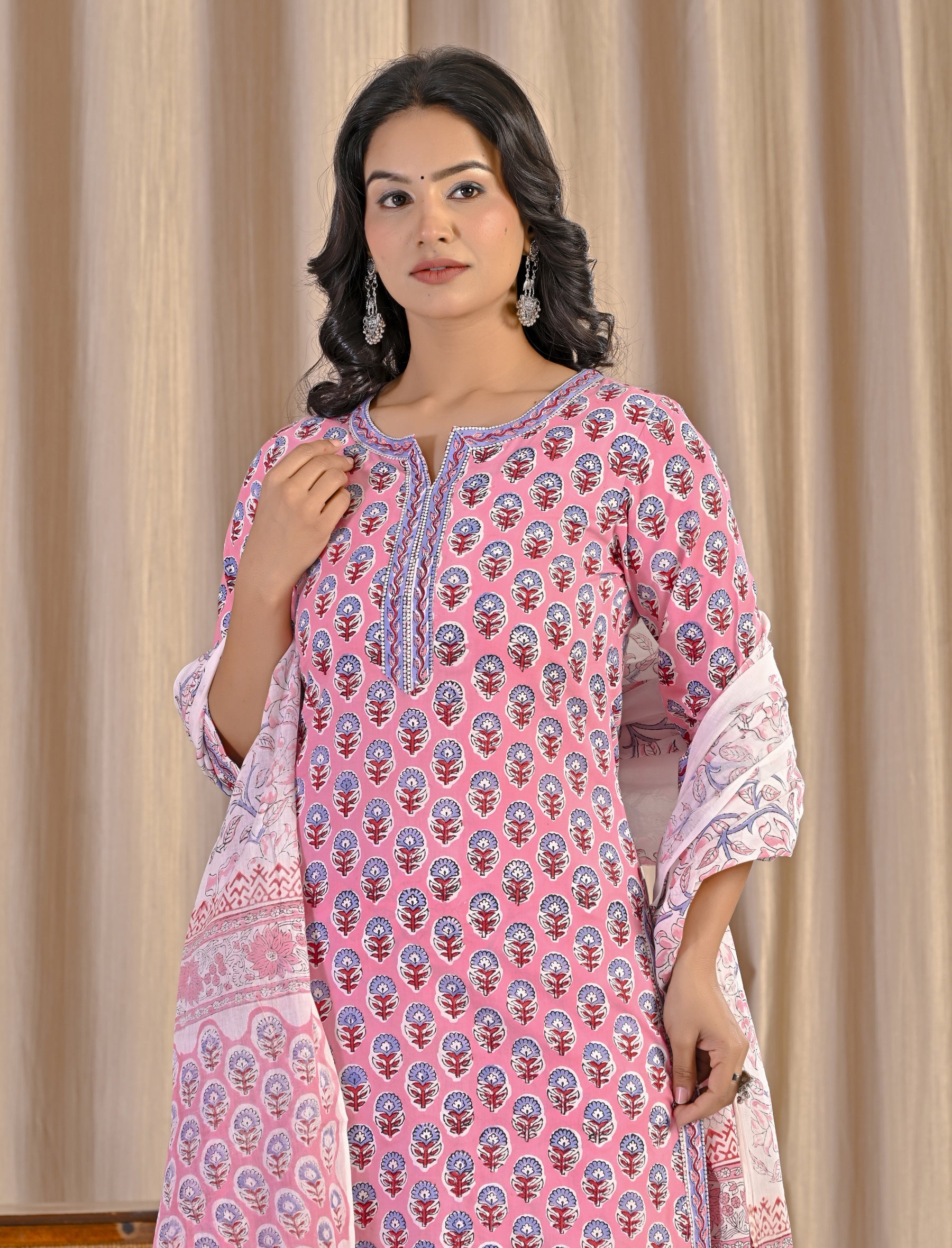 Pink Hand Block Printed Cotton Kurta Pant Set