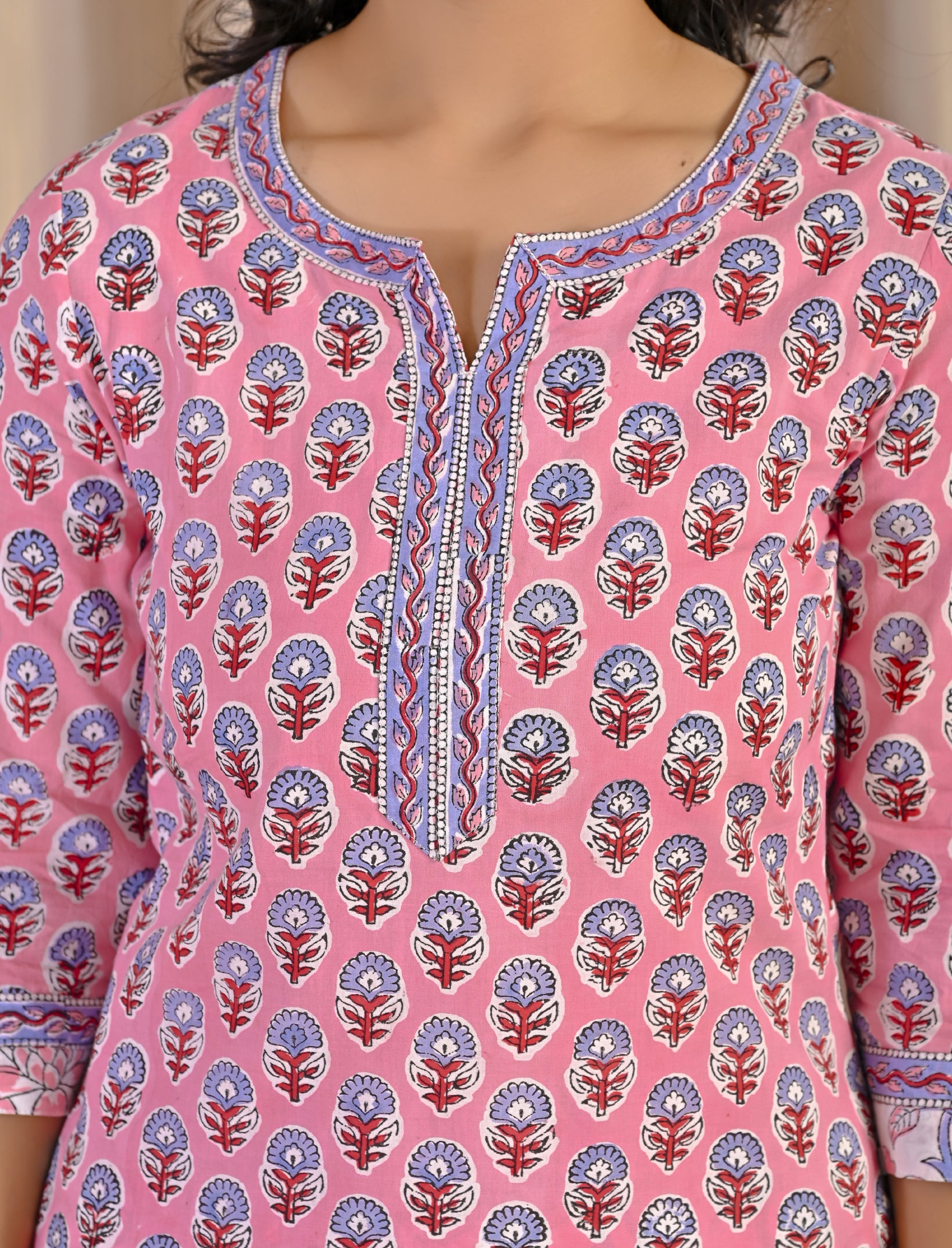 Pink Hand Block Printed Cotton Kurta Pant Set