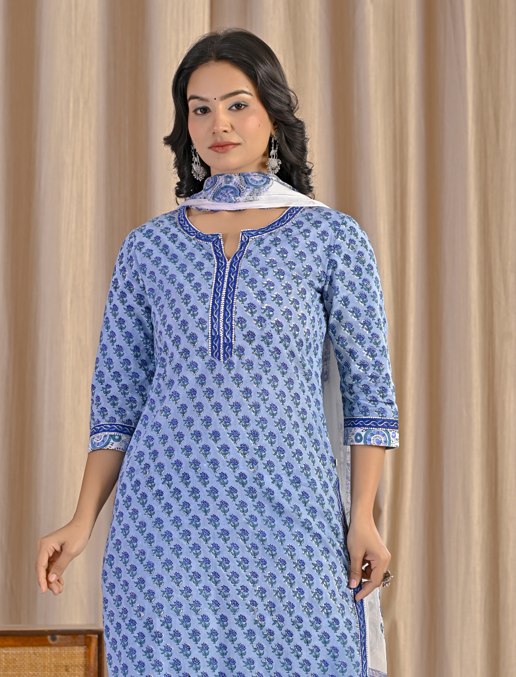 Light Blue Hand Block Printed Cotton Kurta Pant Set