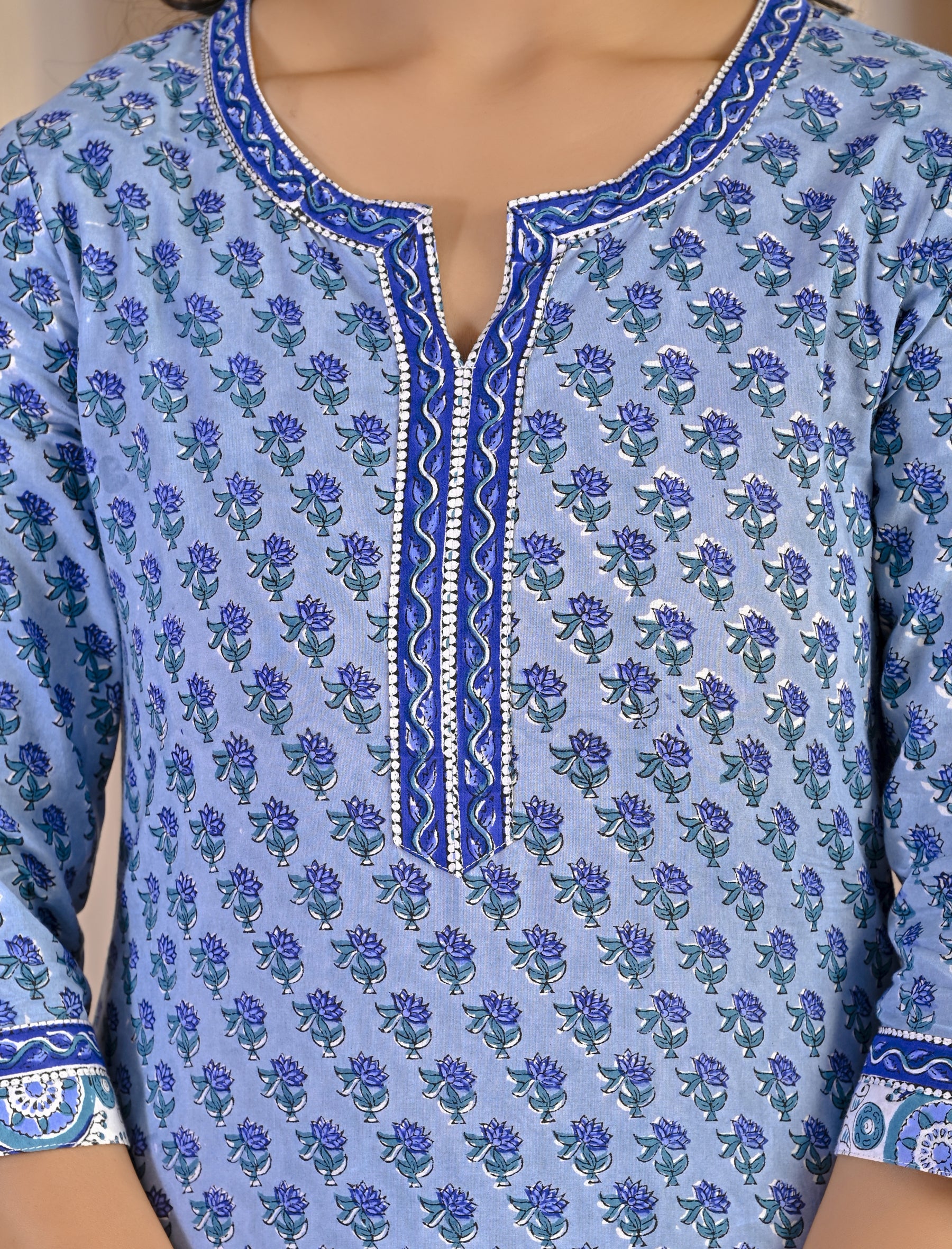 Light Blue Hand Block Printed Cotton Kurta Pant Set