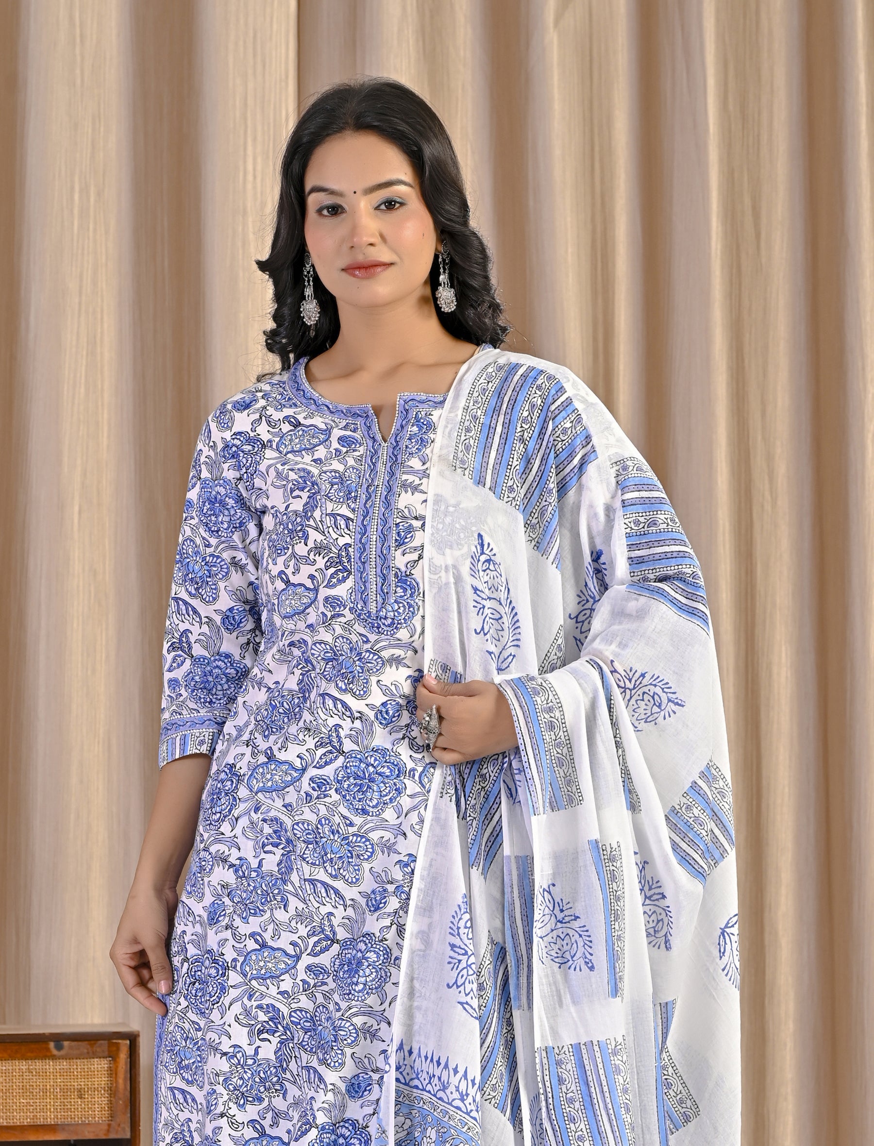 White Hand Block Printed Cotton Kurta Pant Set