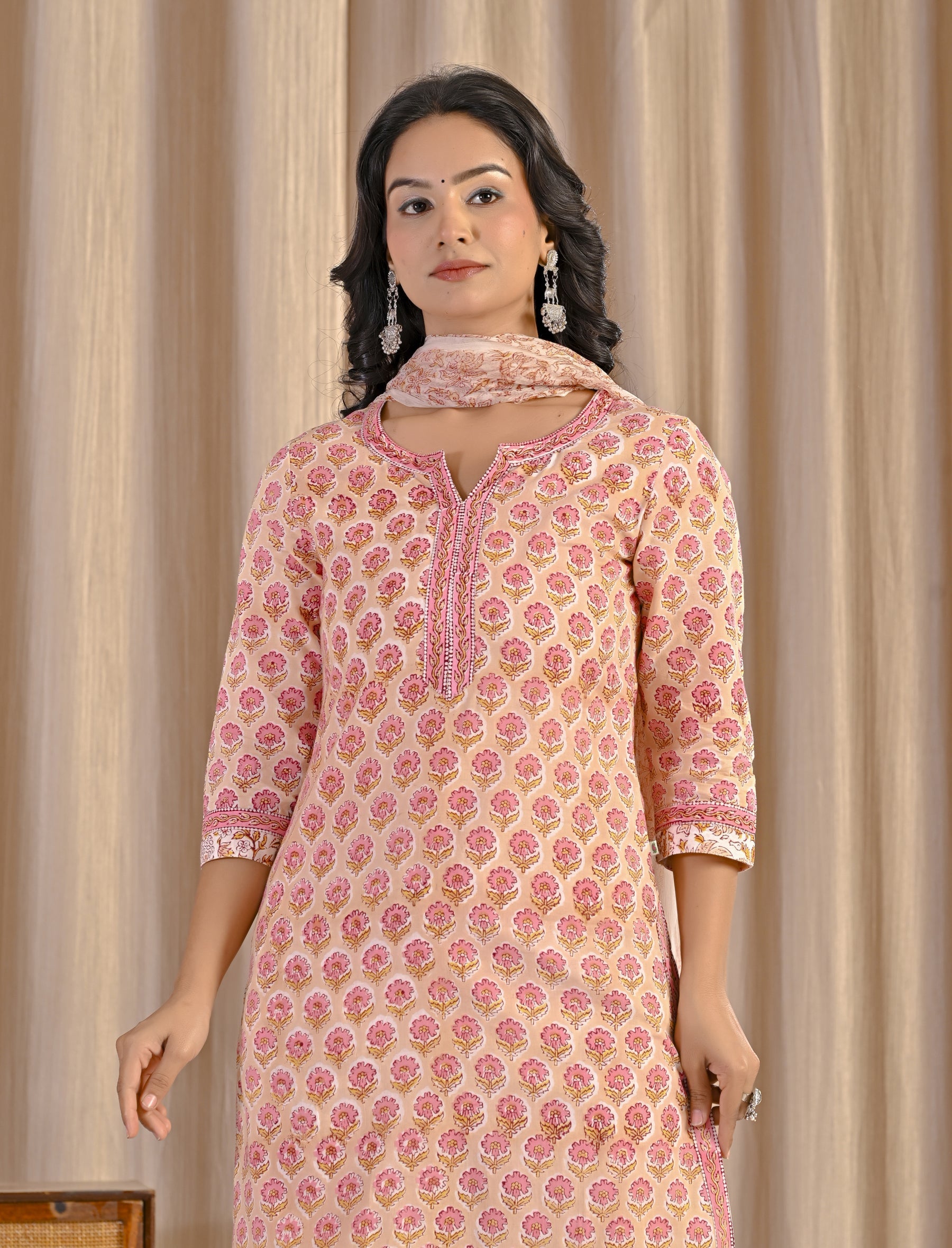 Cream Hand Block Printed Cotton Kurta Pant Set