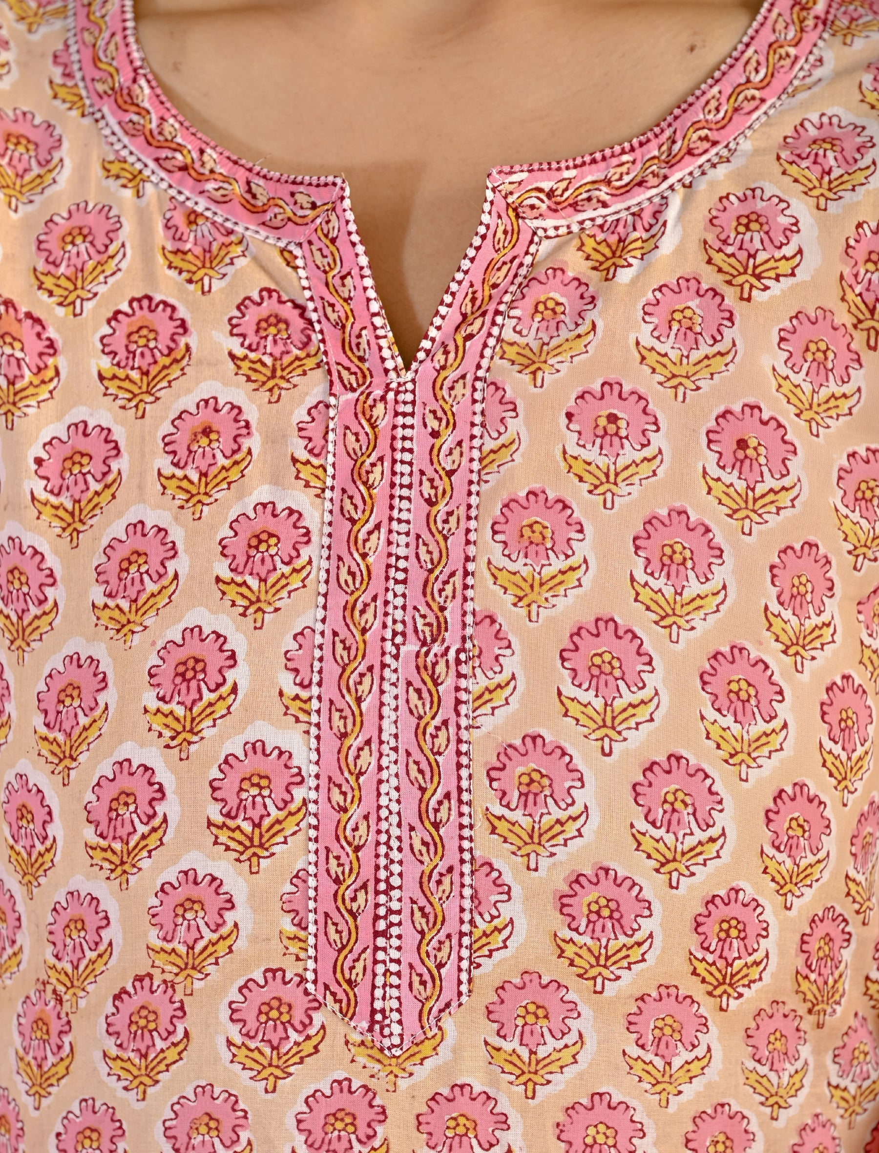 Cream Hand Block Printed Cotton Kurta Pant Set