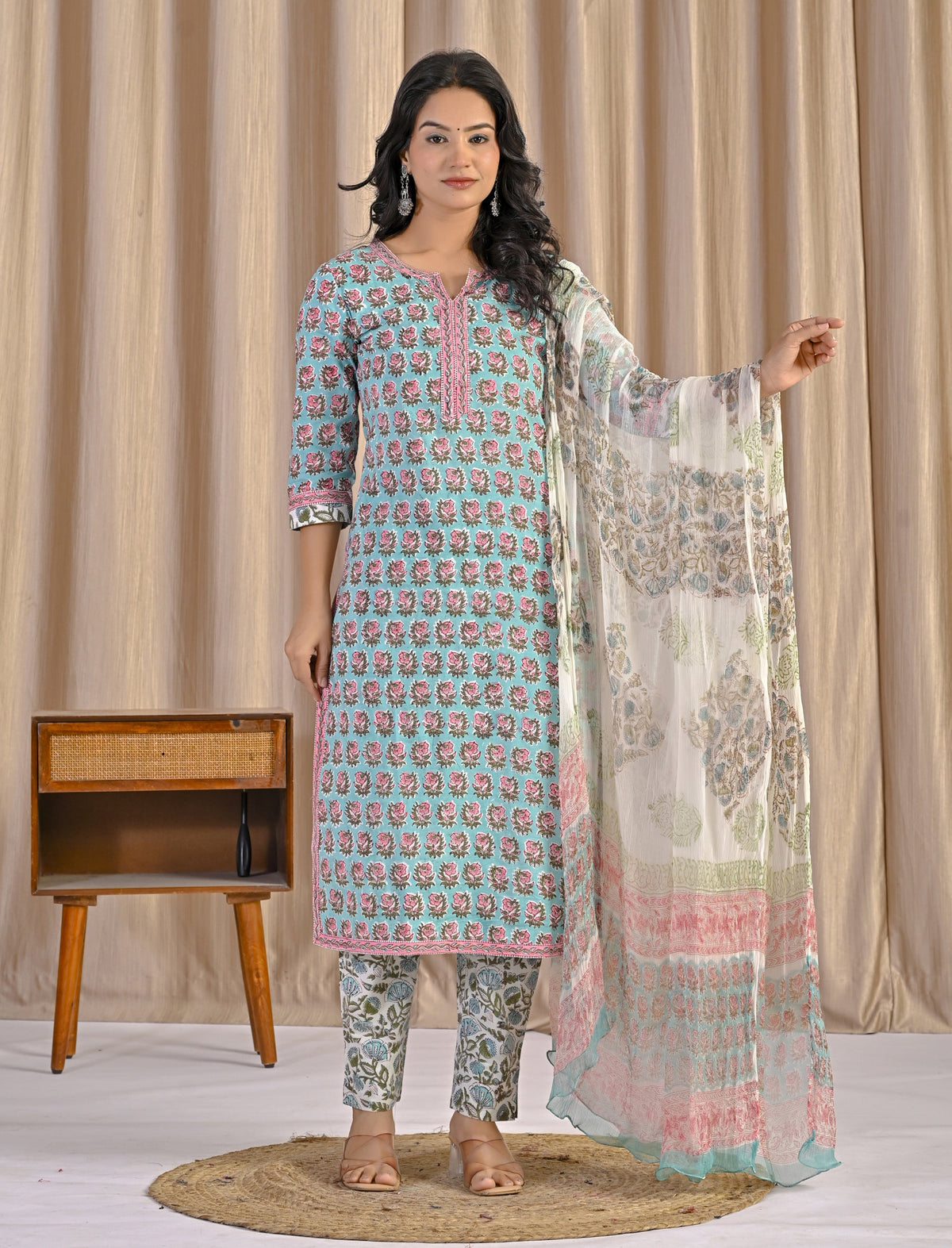 Green Hand Block Printed Cotton Kurta Pant Set