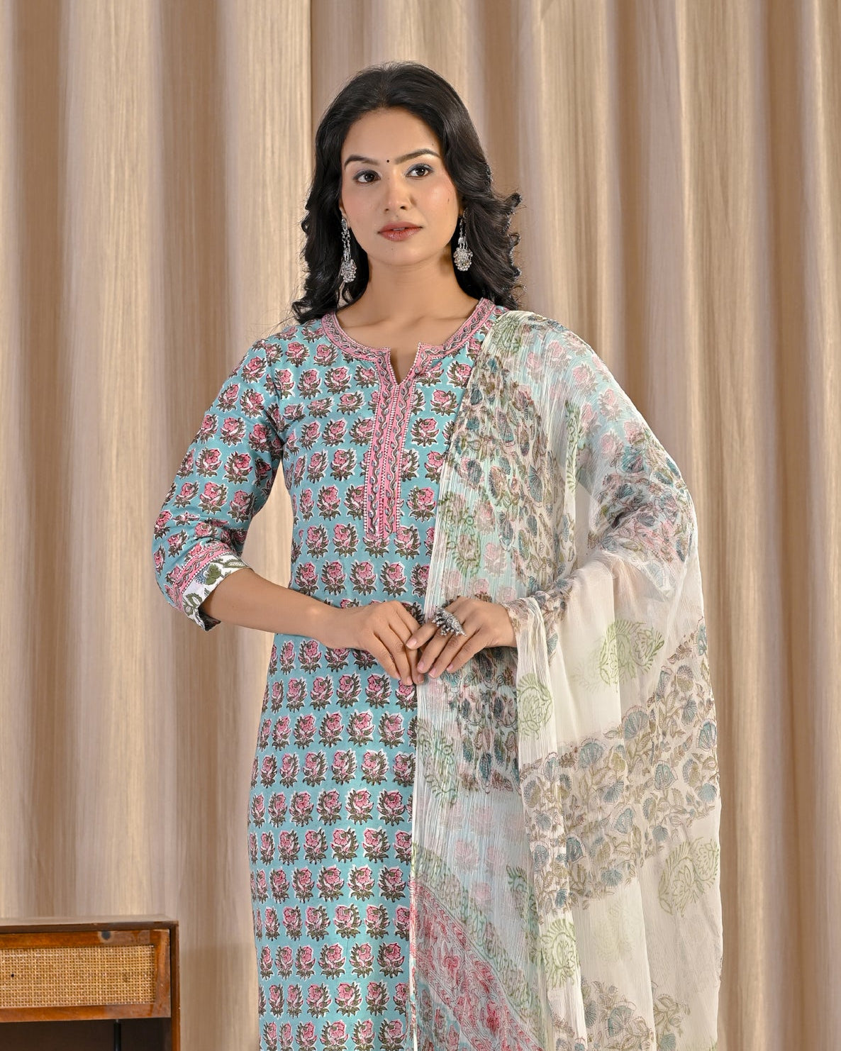 Green Hand Block Printed Cotton Kurta Pant Set