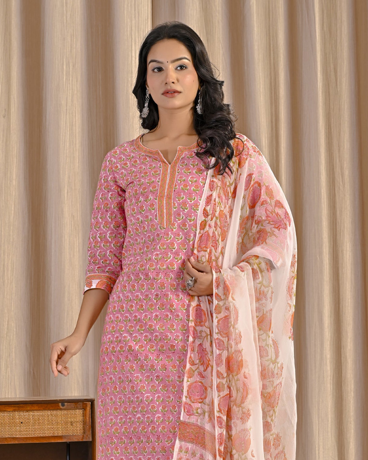 Pink Hand Block Printed Cotton Kurta Pant Set