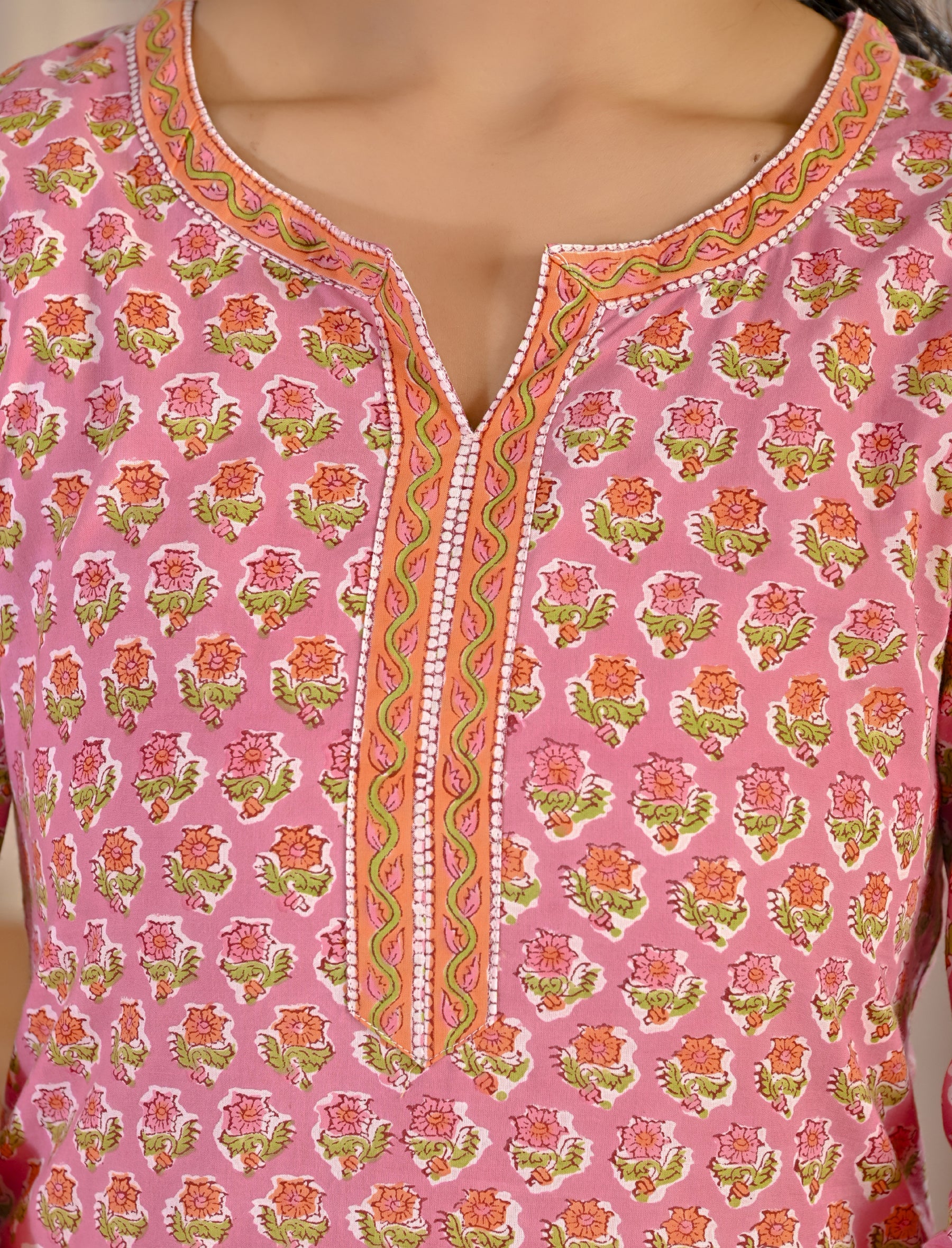 Pink Hand Block Printed Cotton Kurta Pant Set