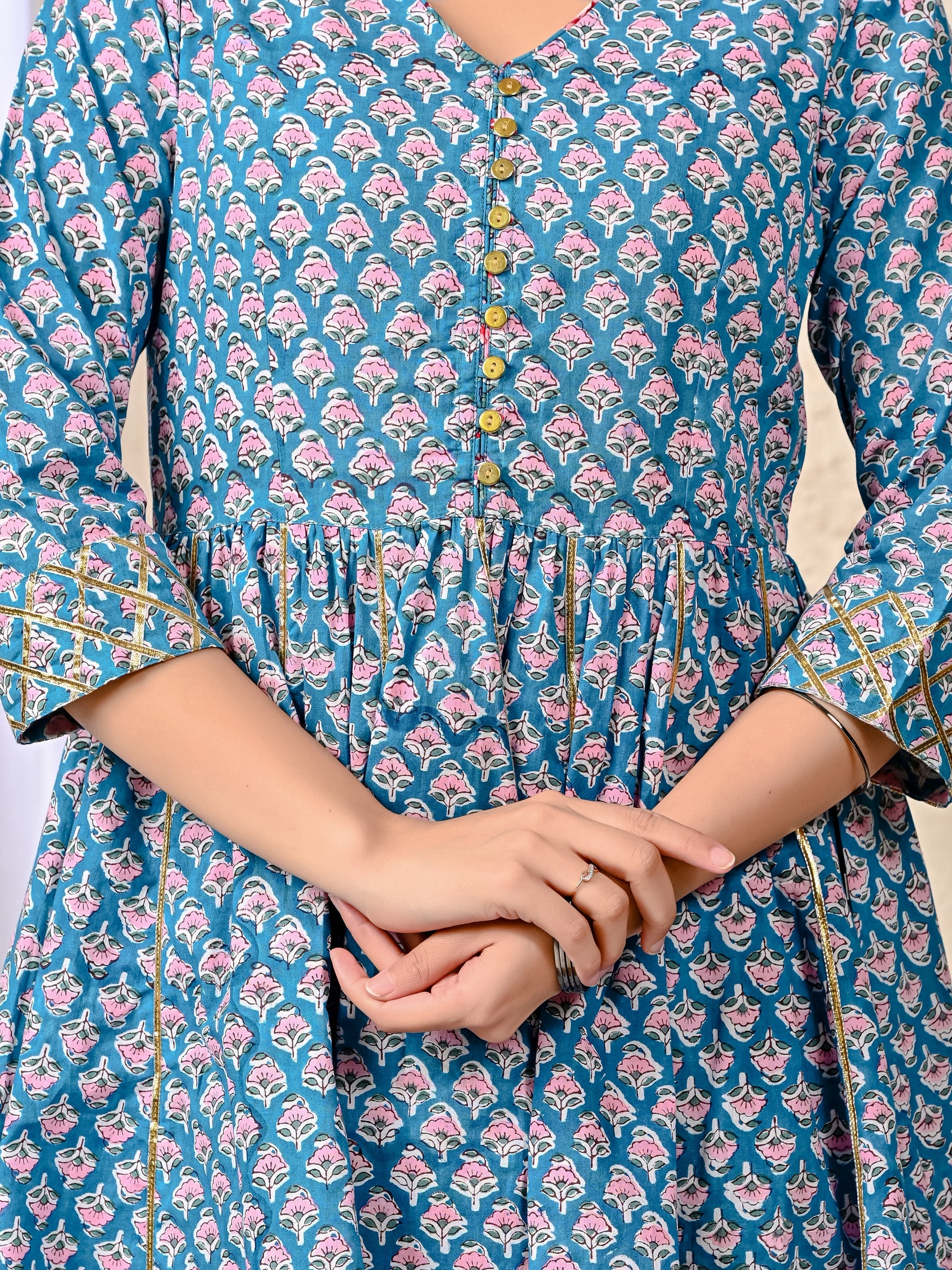 Blue Block Printed Cotton Sharara Set For Women