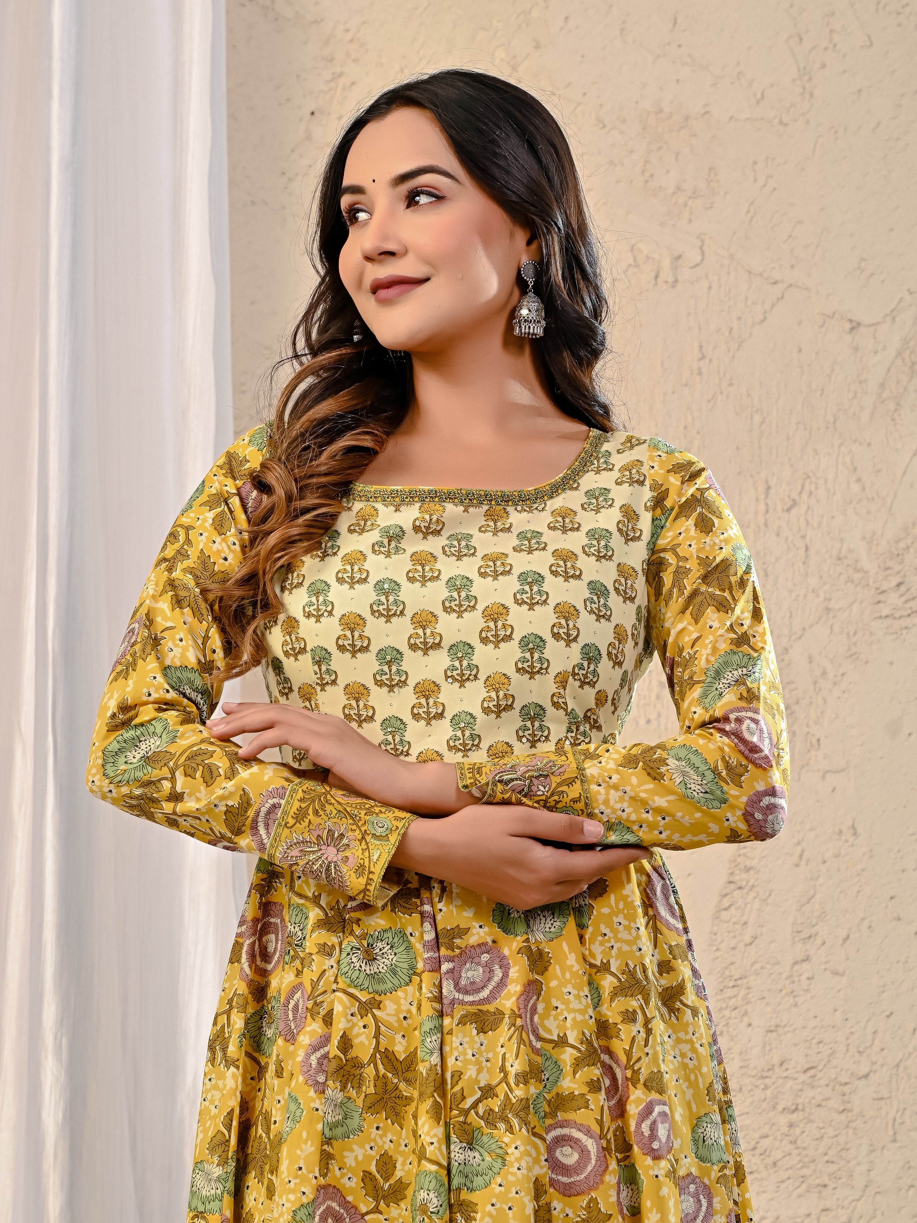 Yellow Jaal Printed Cotton Anarkali Dress