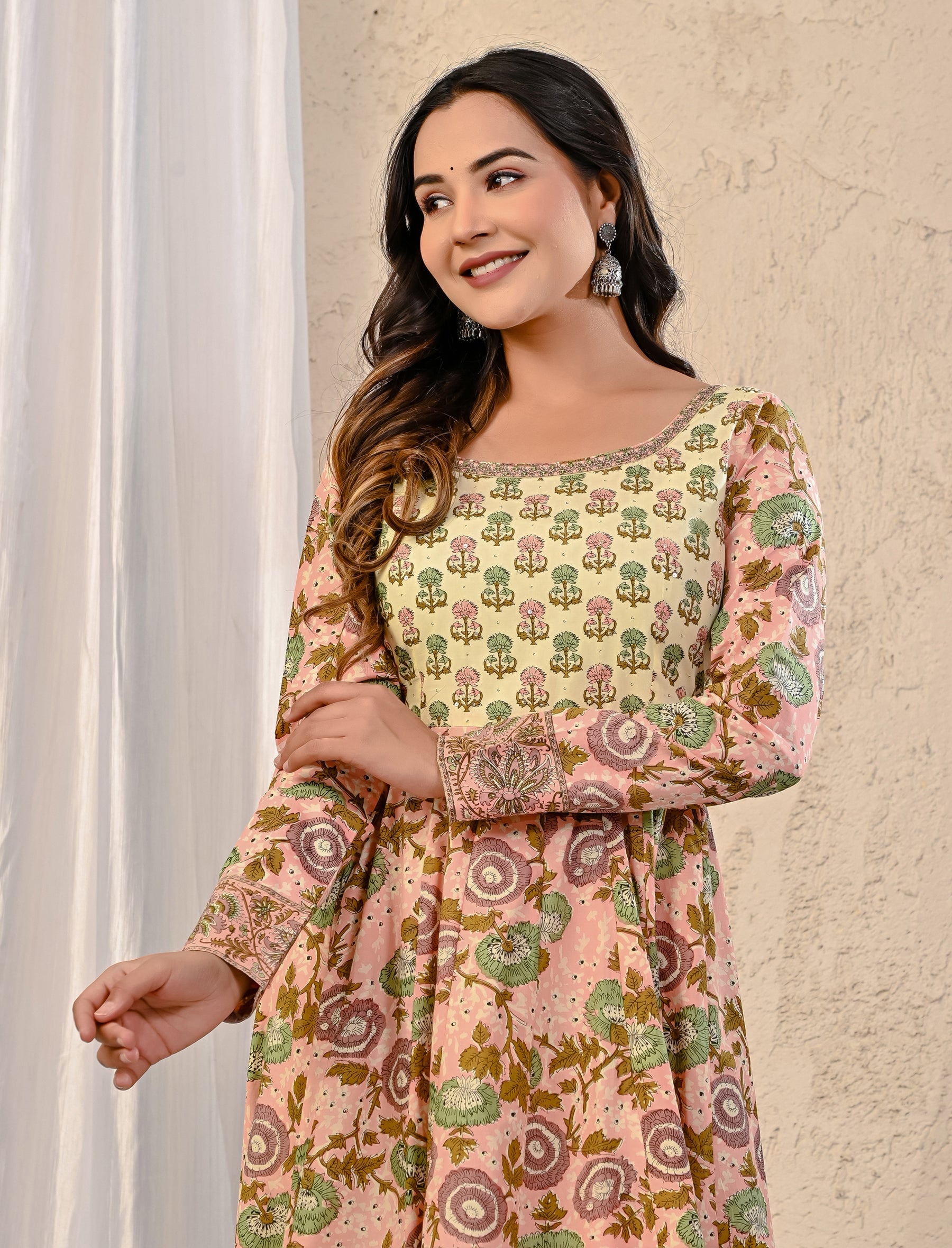 Peach Jaal Printed Cotton Anarkali Dress