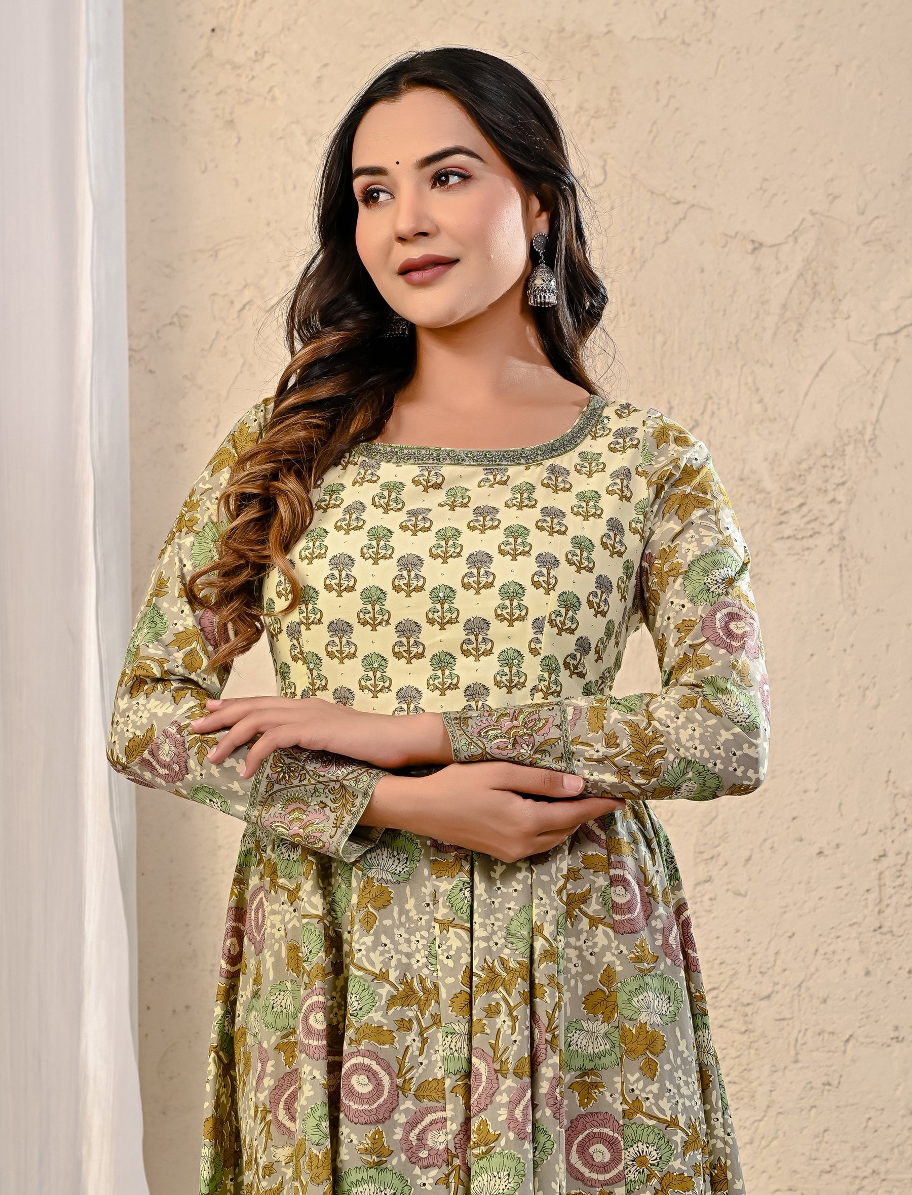 Grey Jaal Printed Cotton Anarkali Dress