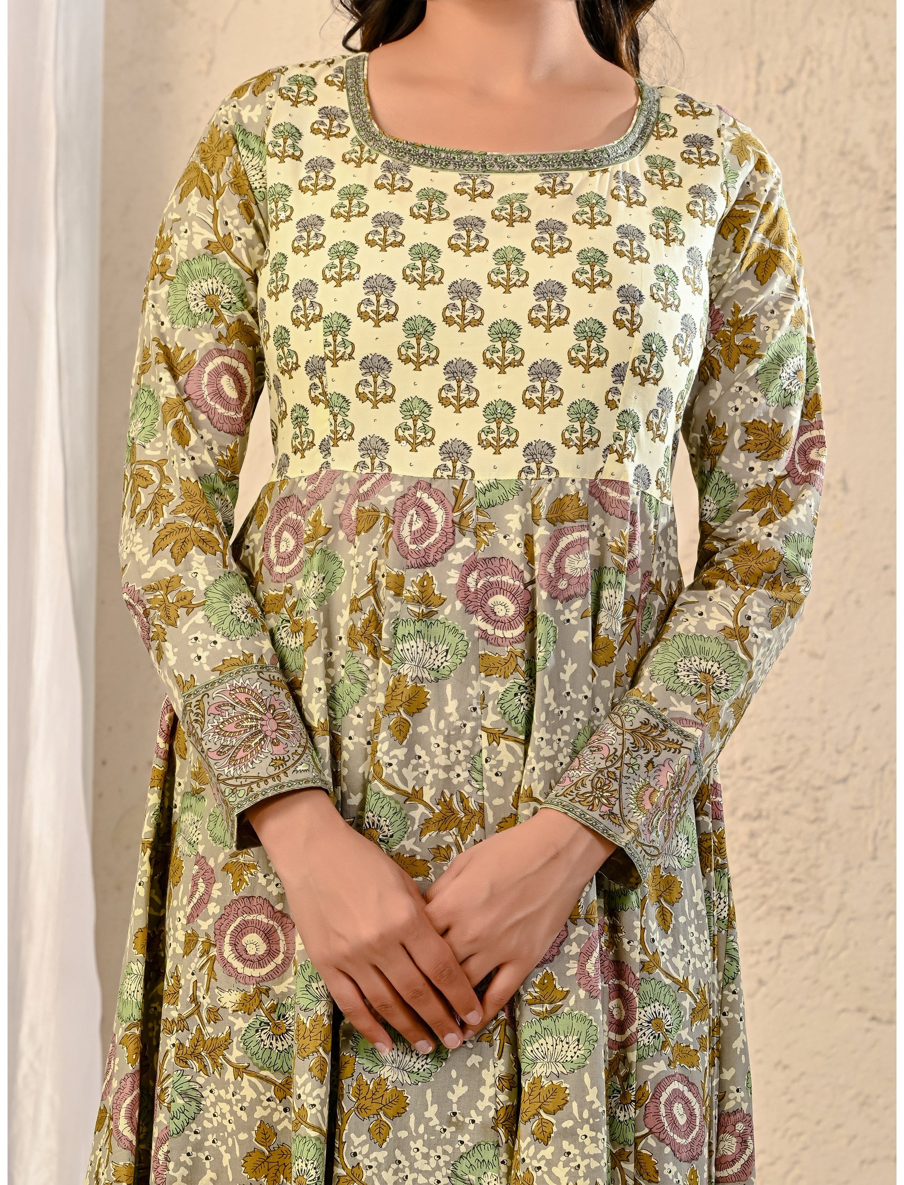 Grey Jaal Printed Cotton Anarkali Dress