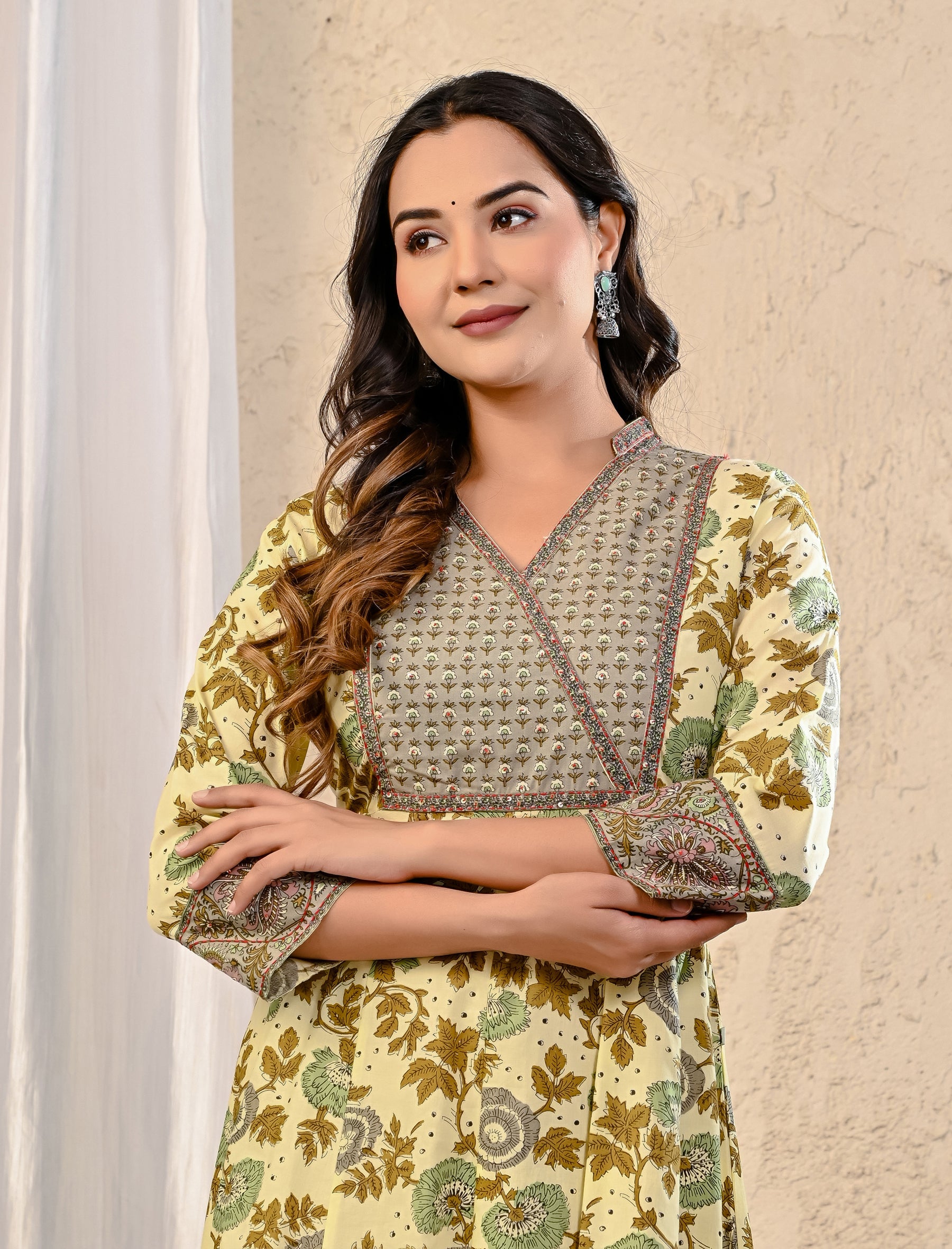 Cream Grey Cotton Jaal Printed Long Dress