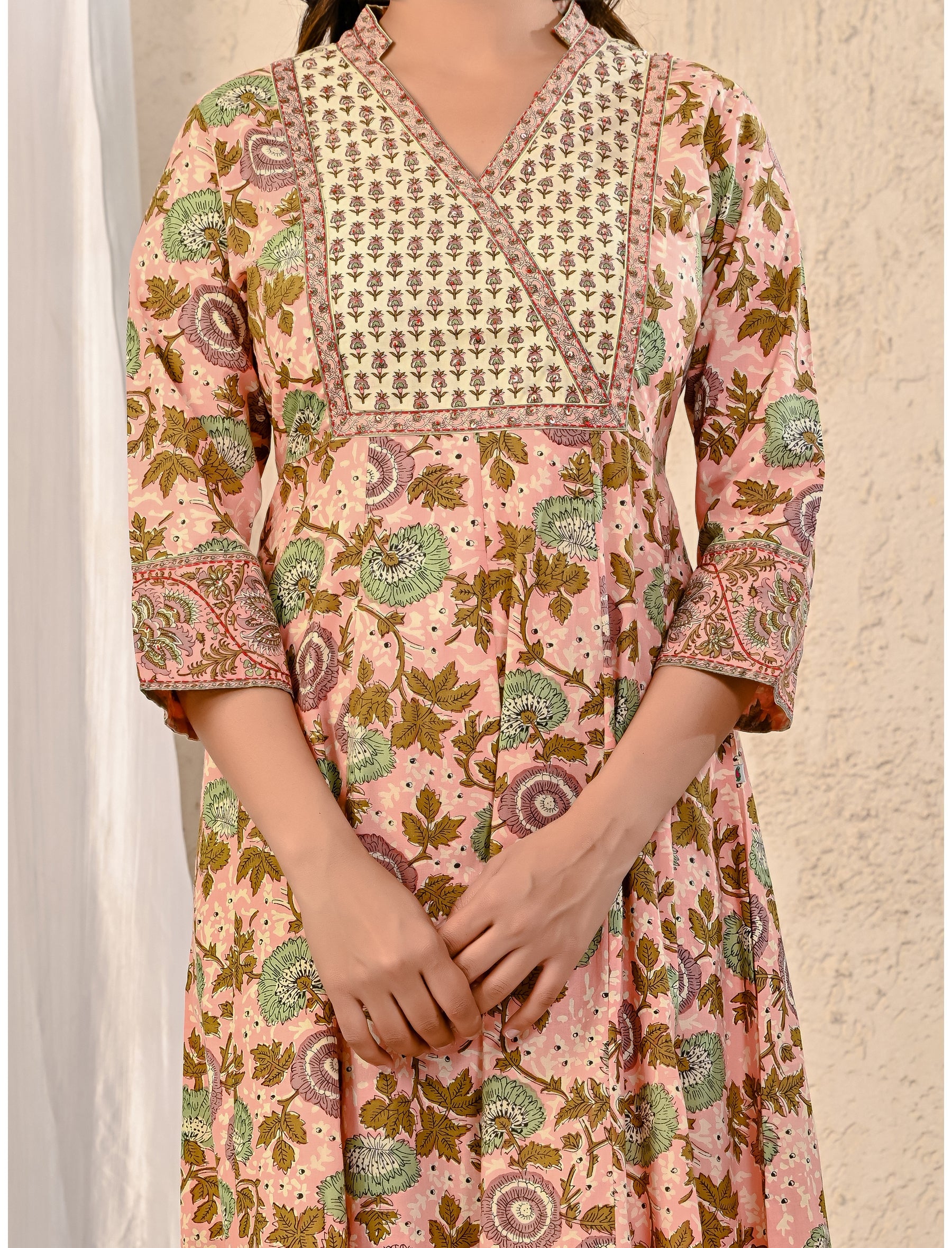 Peach Cream Cotton Jaal Printed Long Dress