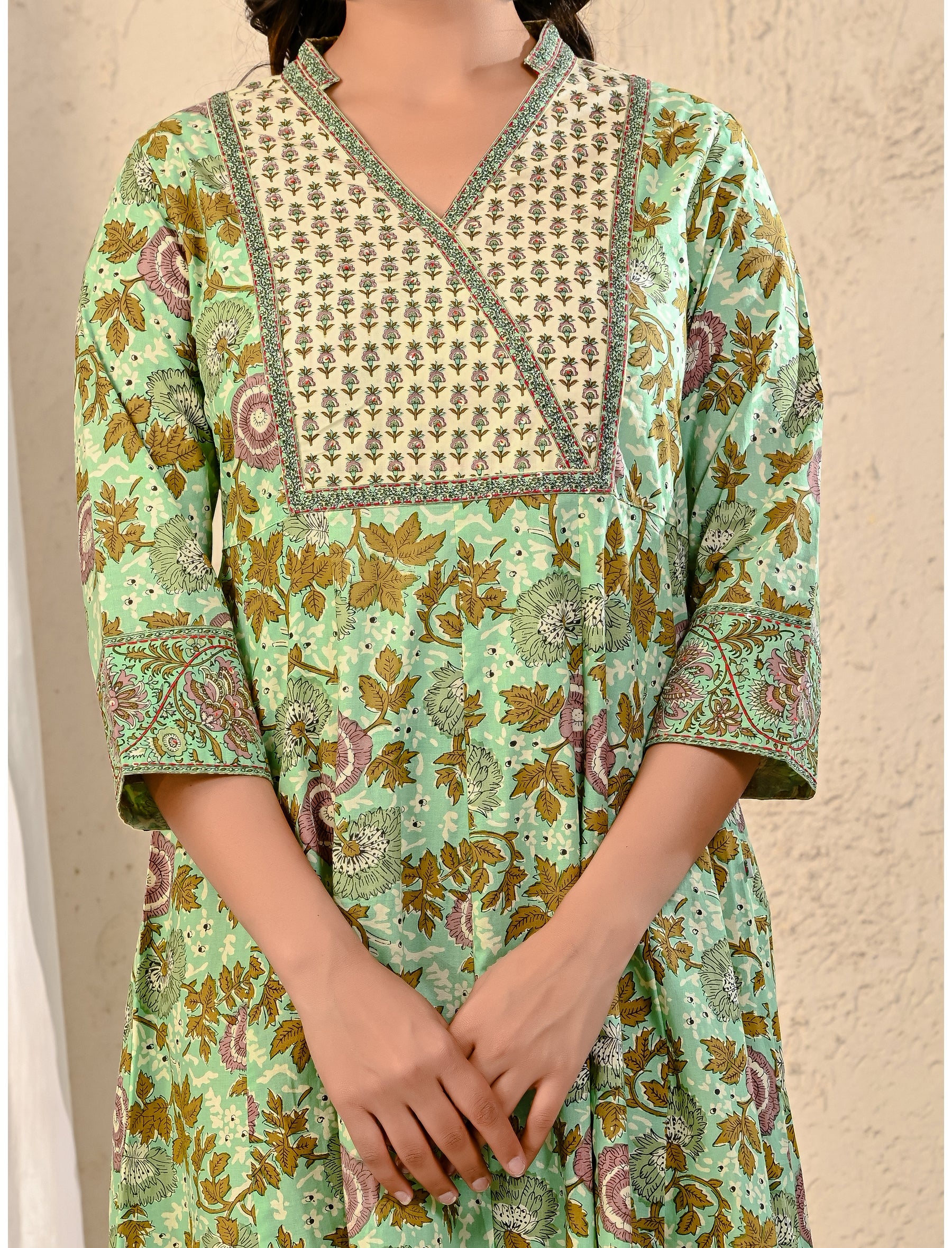 Pista Cream Cotton Jaal Printed Long Dress