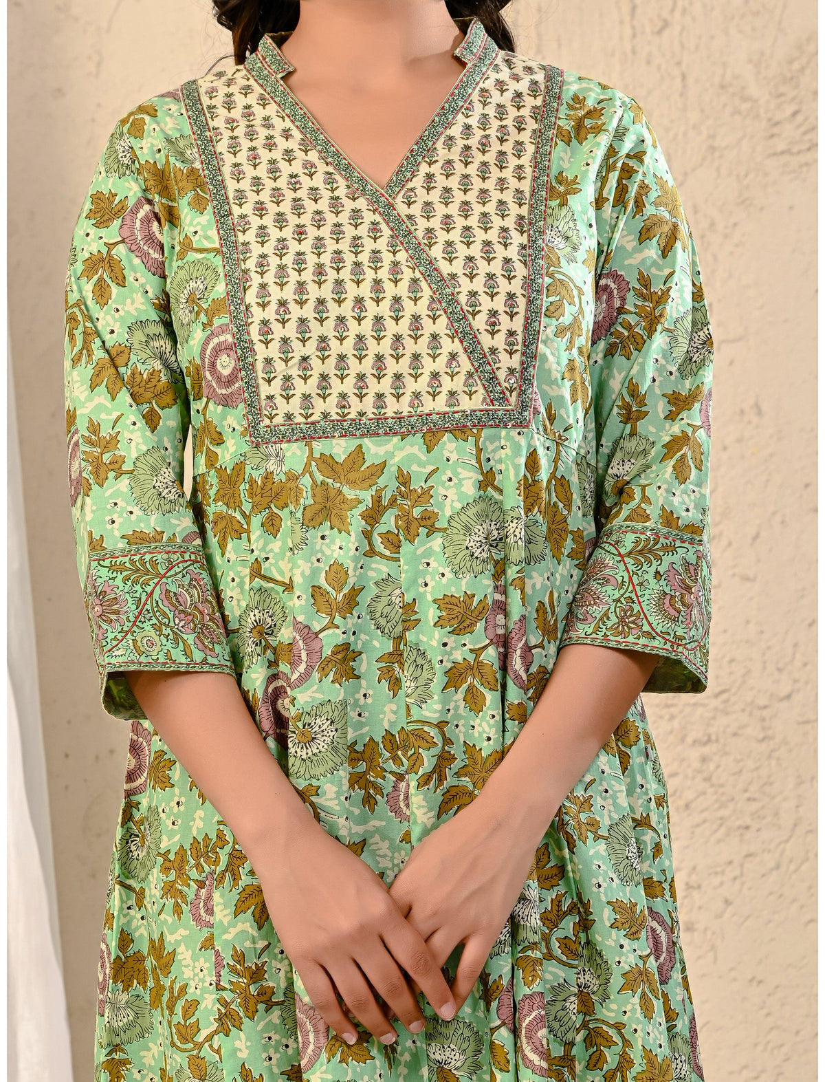 Pista Cream Cotton Jaal Printed Long Dress