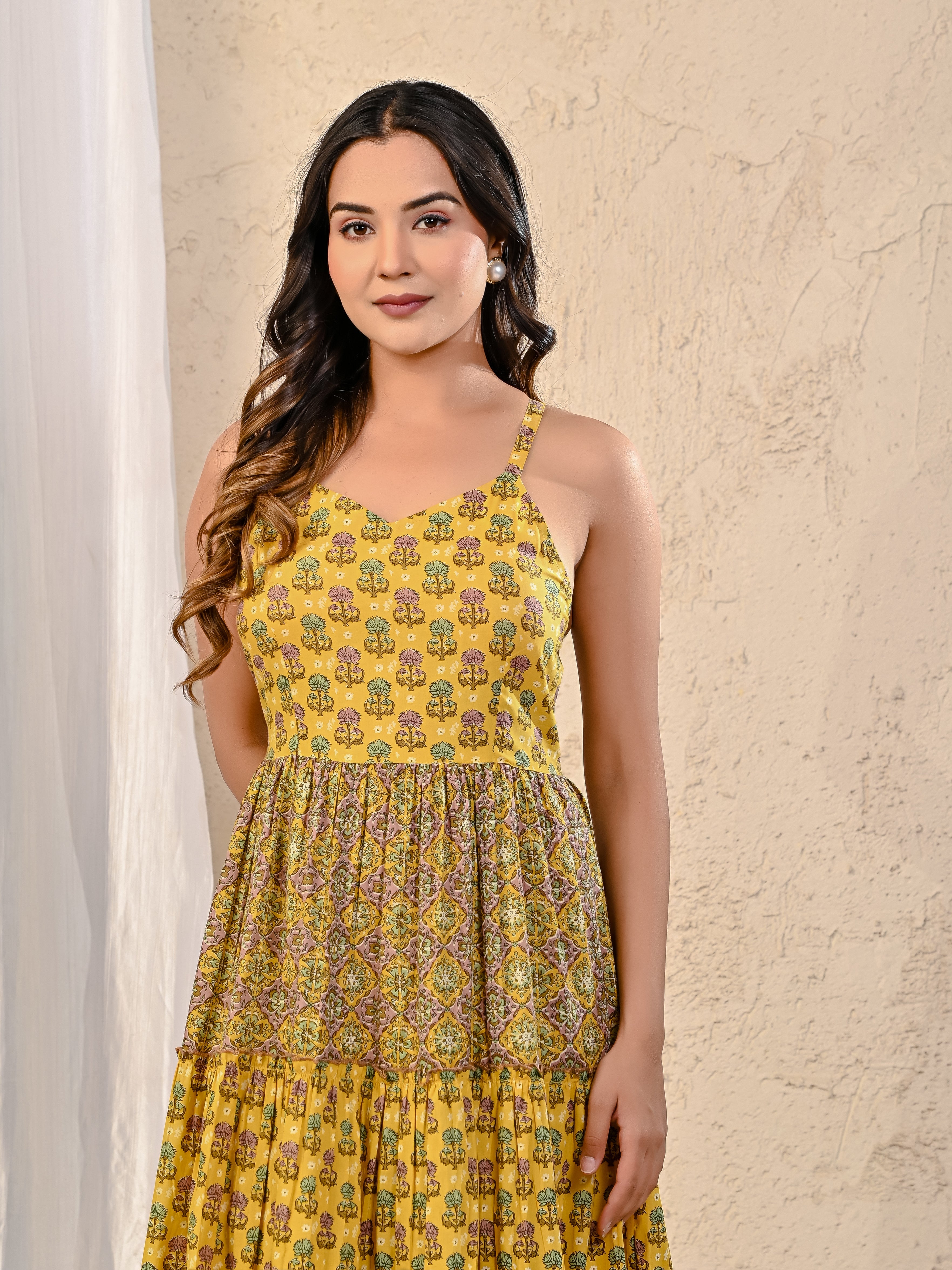 Yellow Printed Strap Shoulder Long Cotton Dress