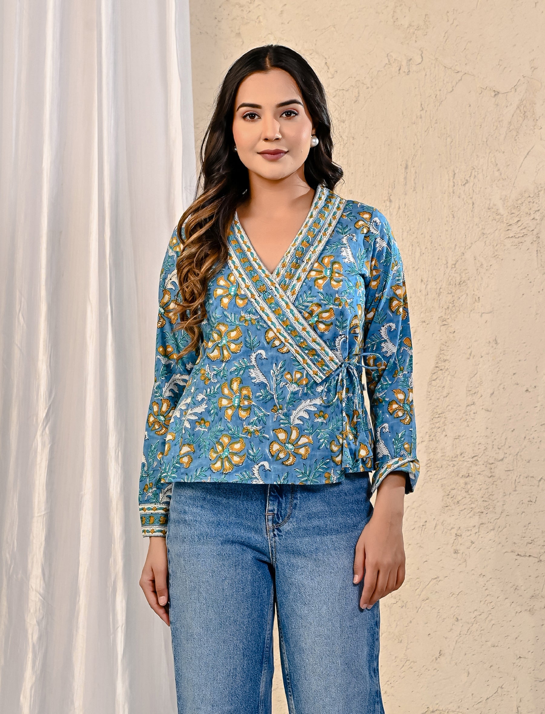 Blue Jaal Block Printed Top With Side Dori