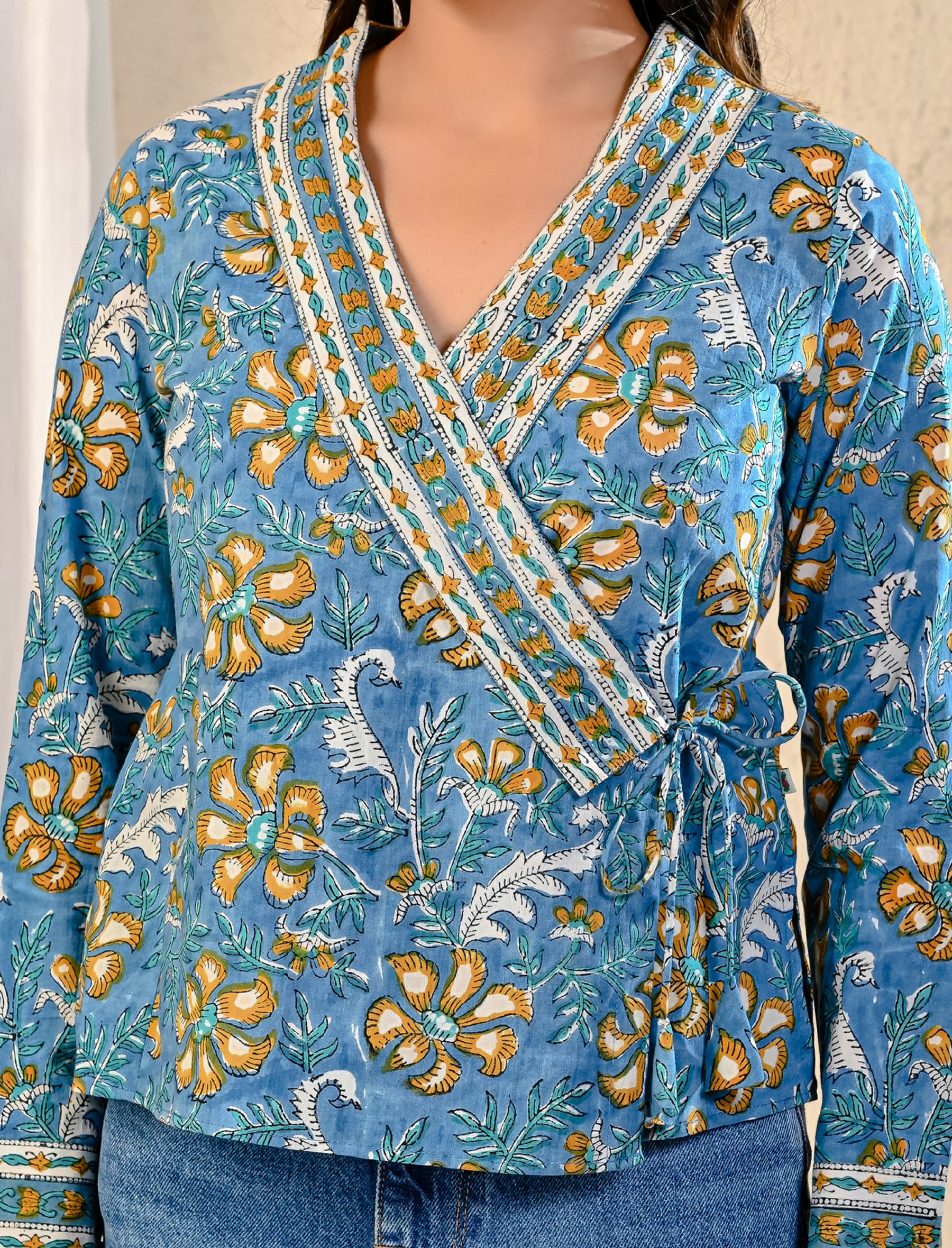 Blue Jaal Block Printed Top With Side Dori