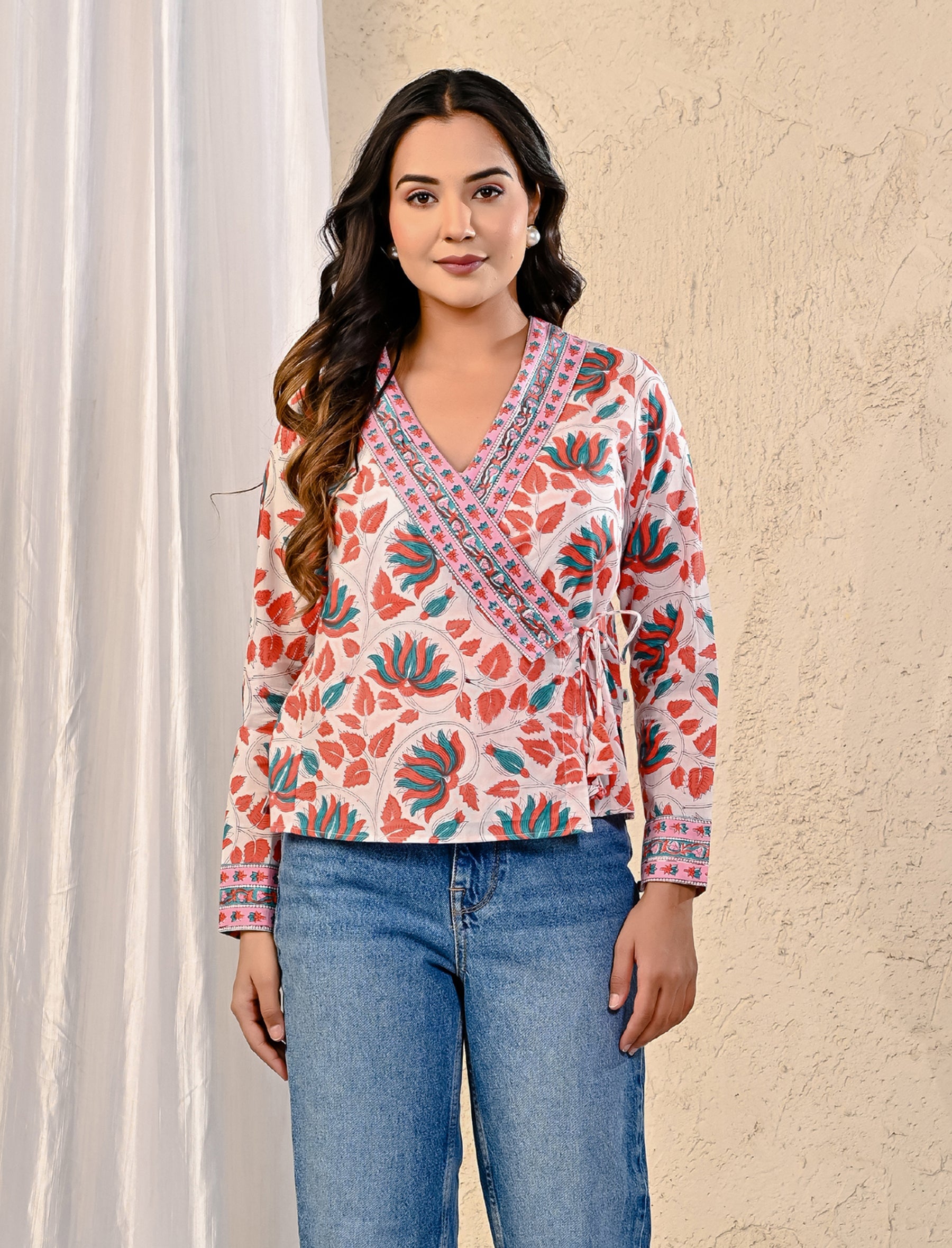 White Jaal Block Printed Top With Side Dori