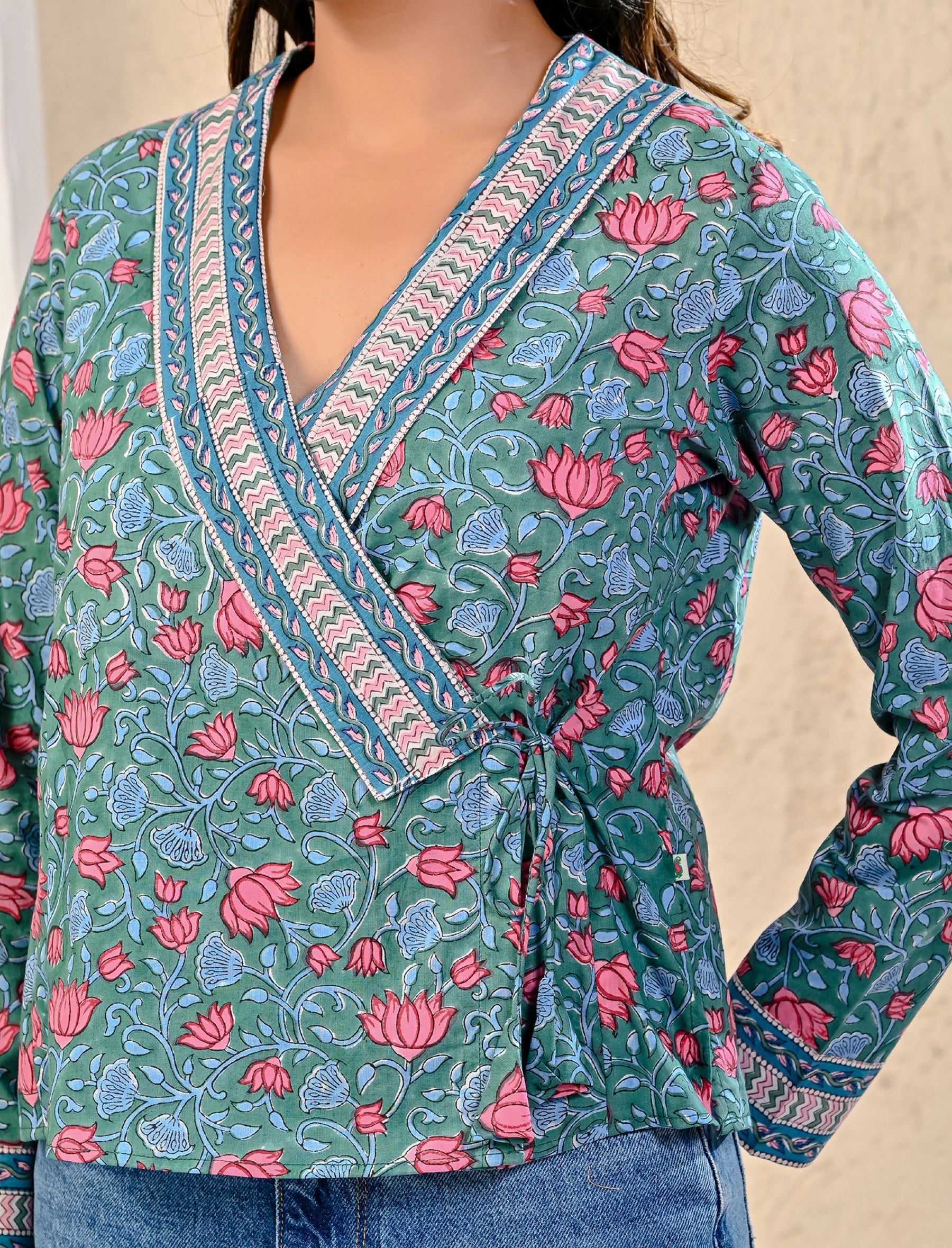 Green Jaal Block Printed Top With Side Dori
