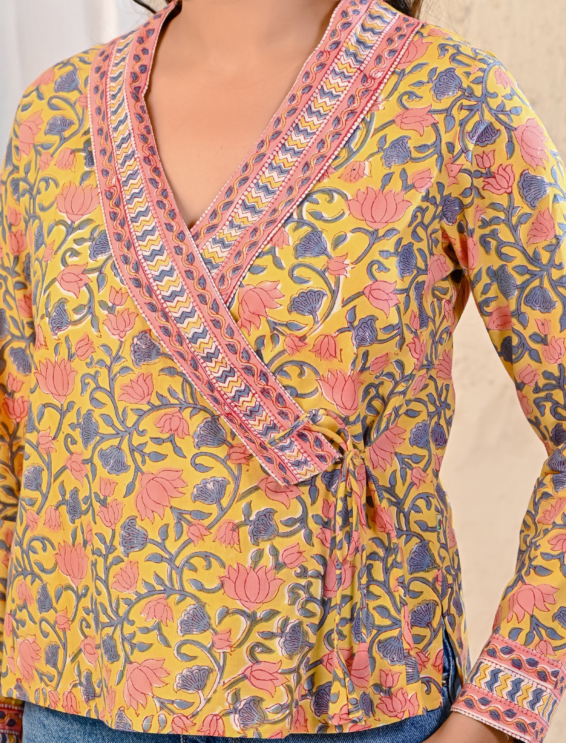 Yellow Jaal Block Printed Top With Side Dori