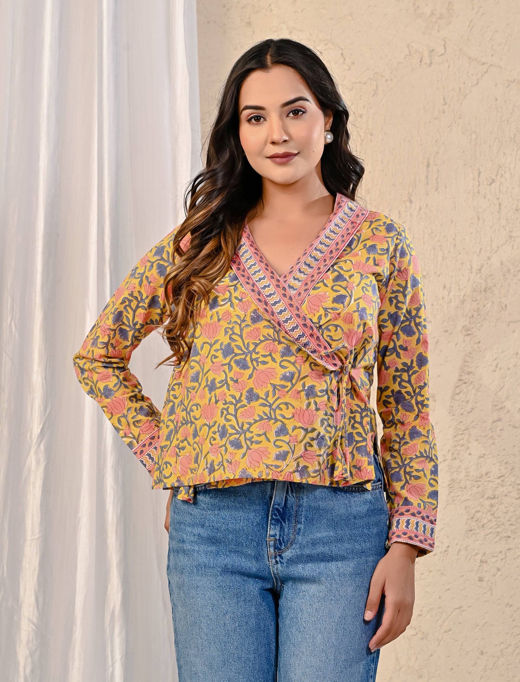 Yellow Jaal Block Printed Top With Side Dori