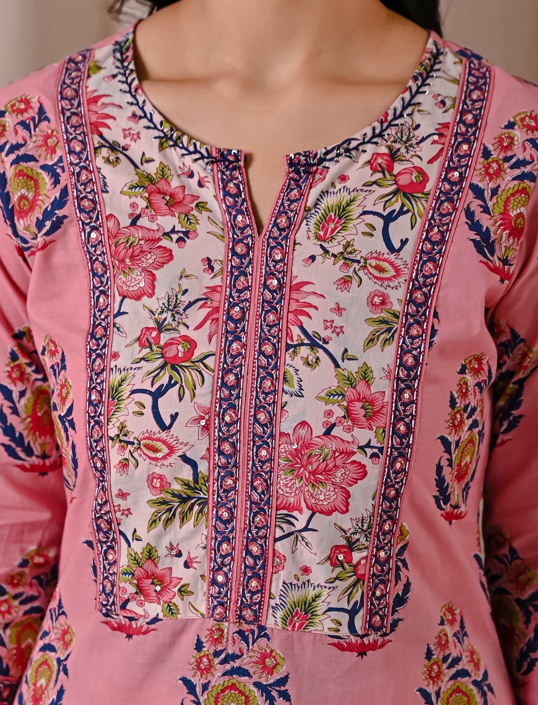 Pink Butta Block Printed Straight Fit Kurta Afghani Set
