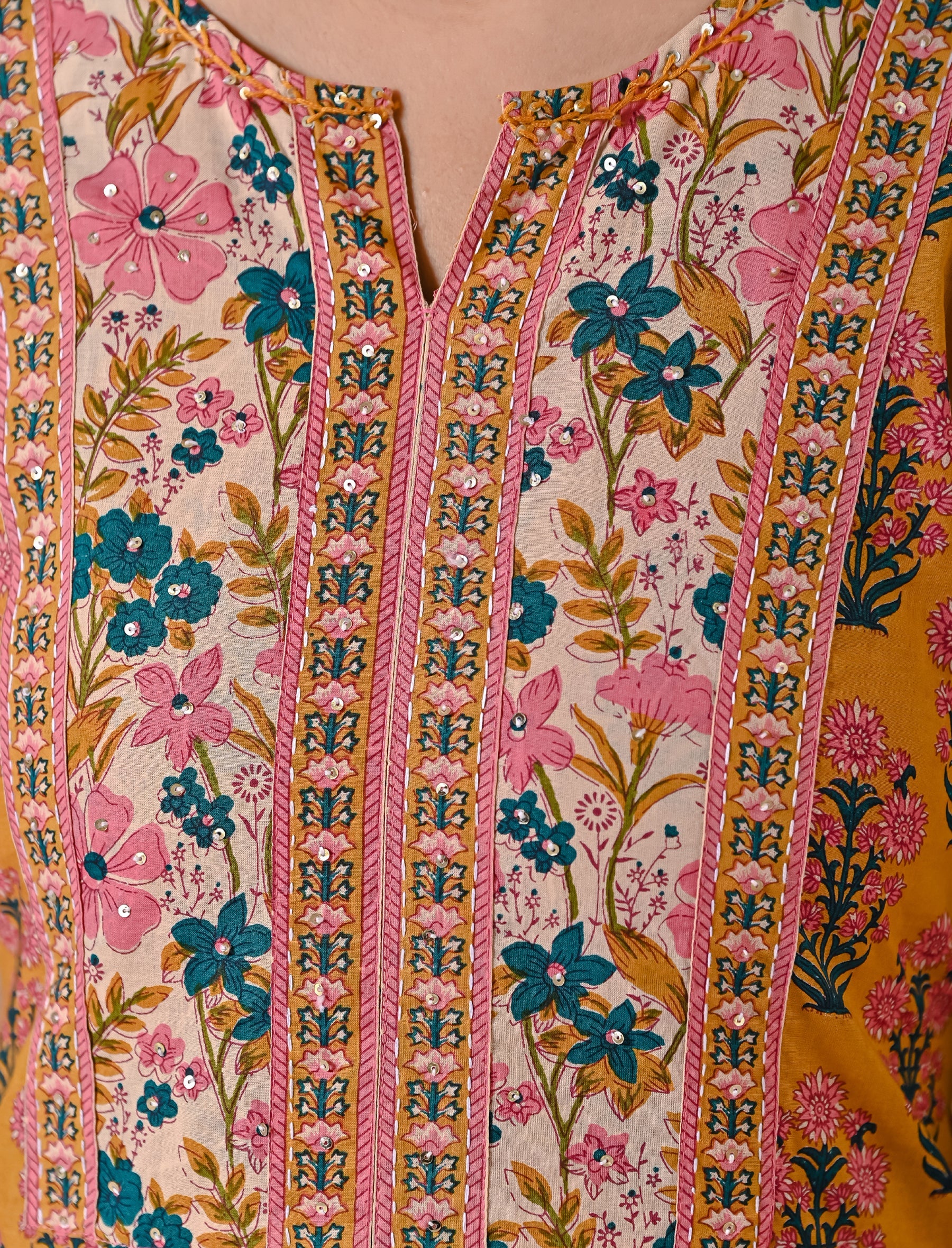 Mustard Butta Block Printed Straight Fit Kurta Afghani Set