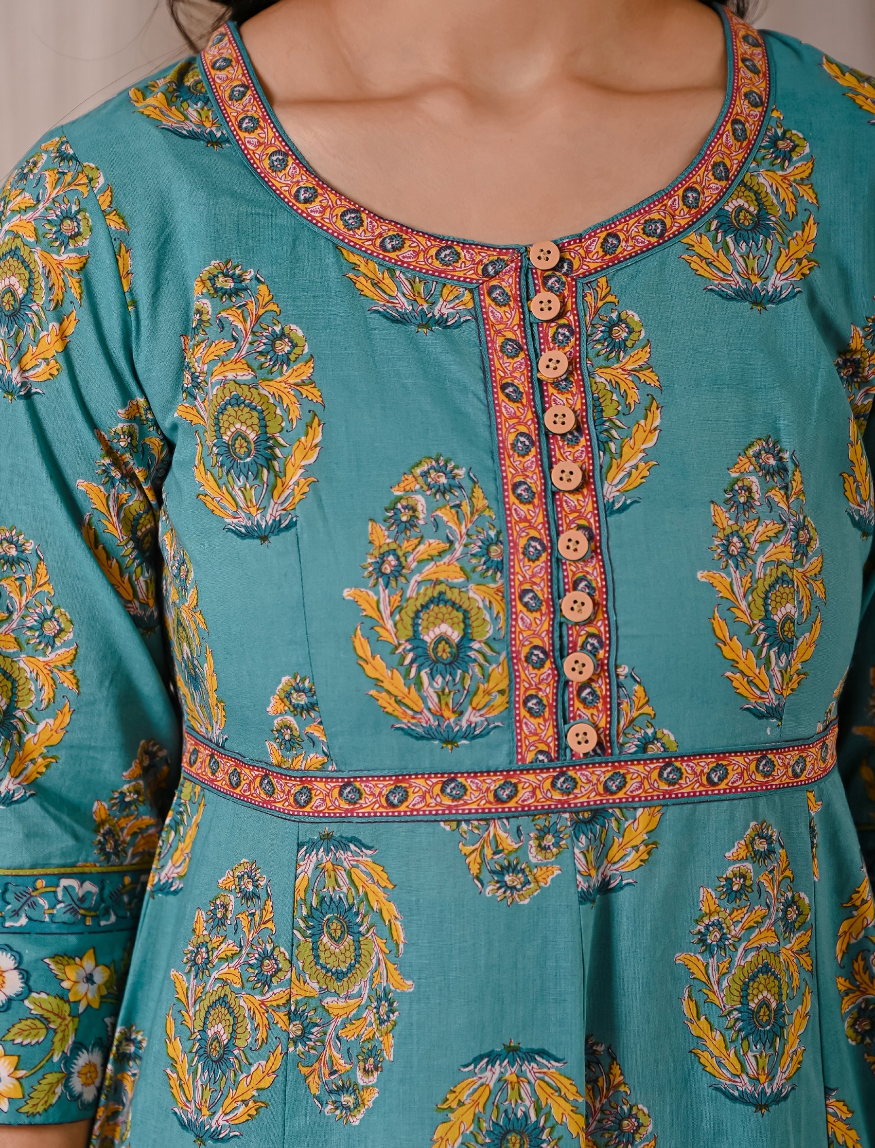 Sea Blue Butta Block Printed Cotton Dress With Buttons