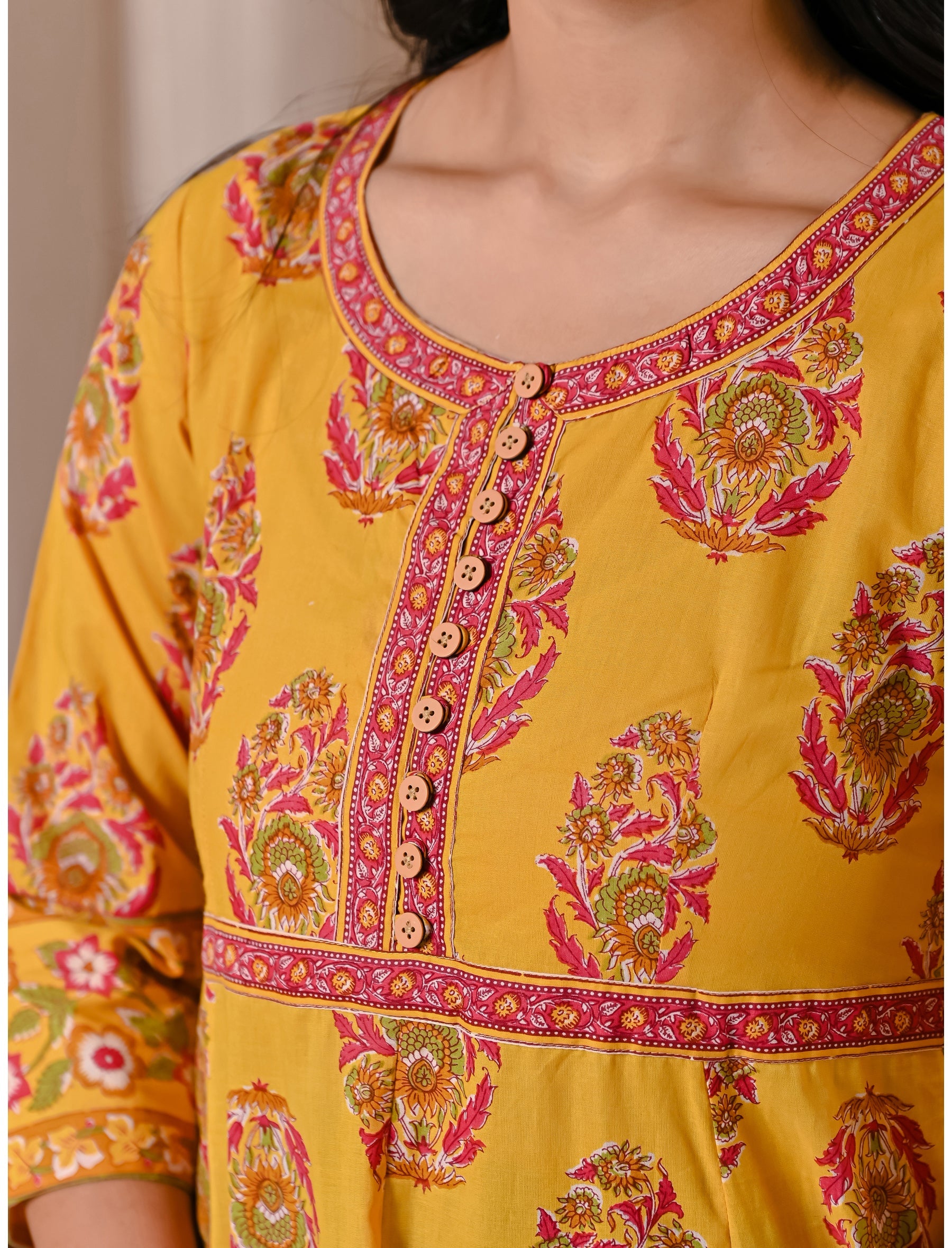 Yellow Butta Block Printed Cotton Dress With Buttons