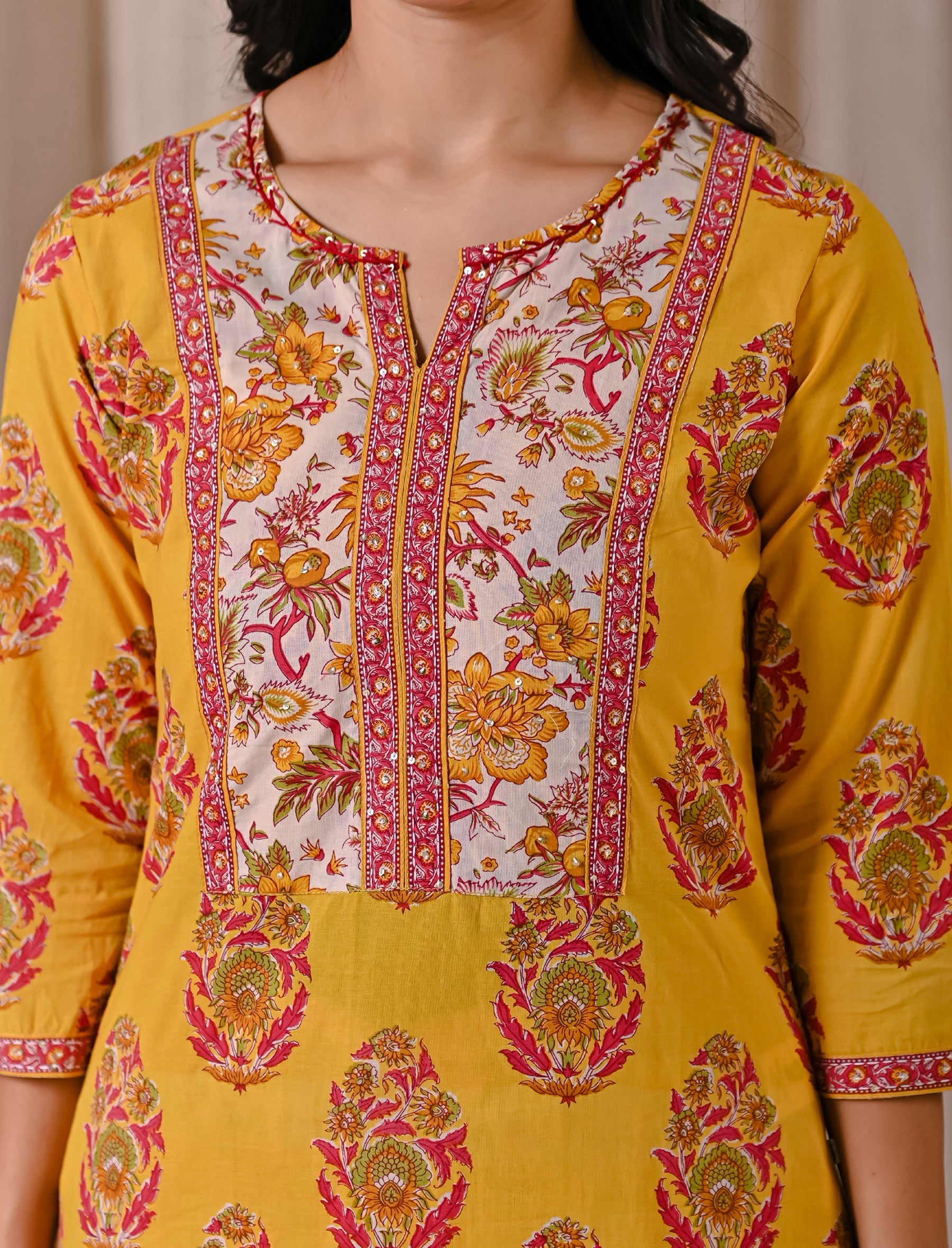 Yellow Butta Block Printed Straight Fit Kurta Afghani Set