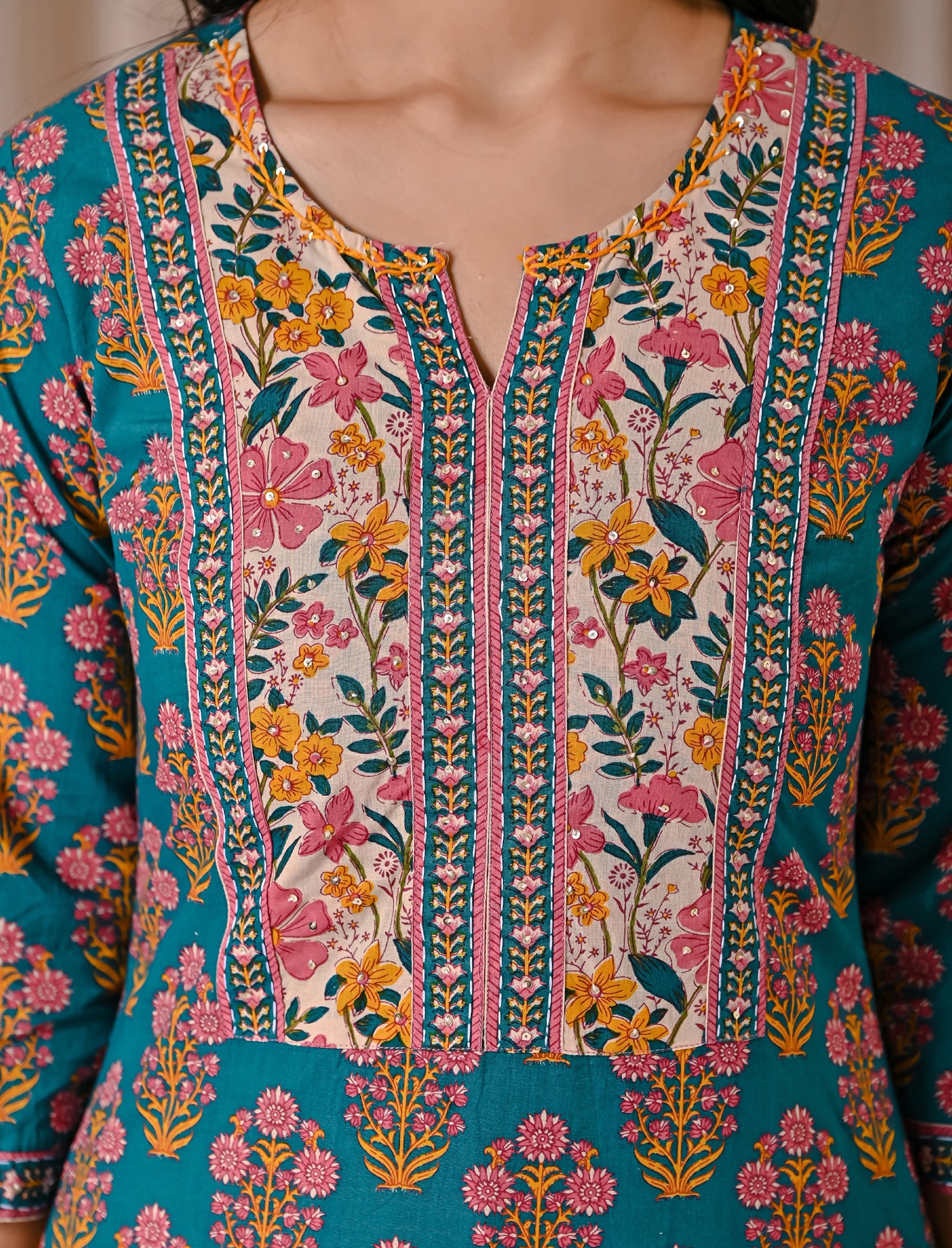 Teal Blue Butta Block Printed Straight Fit Kurta Afghani Set