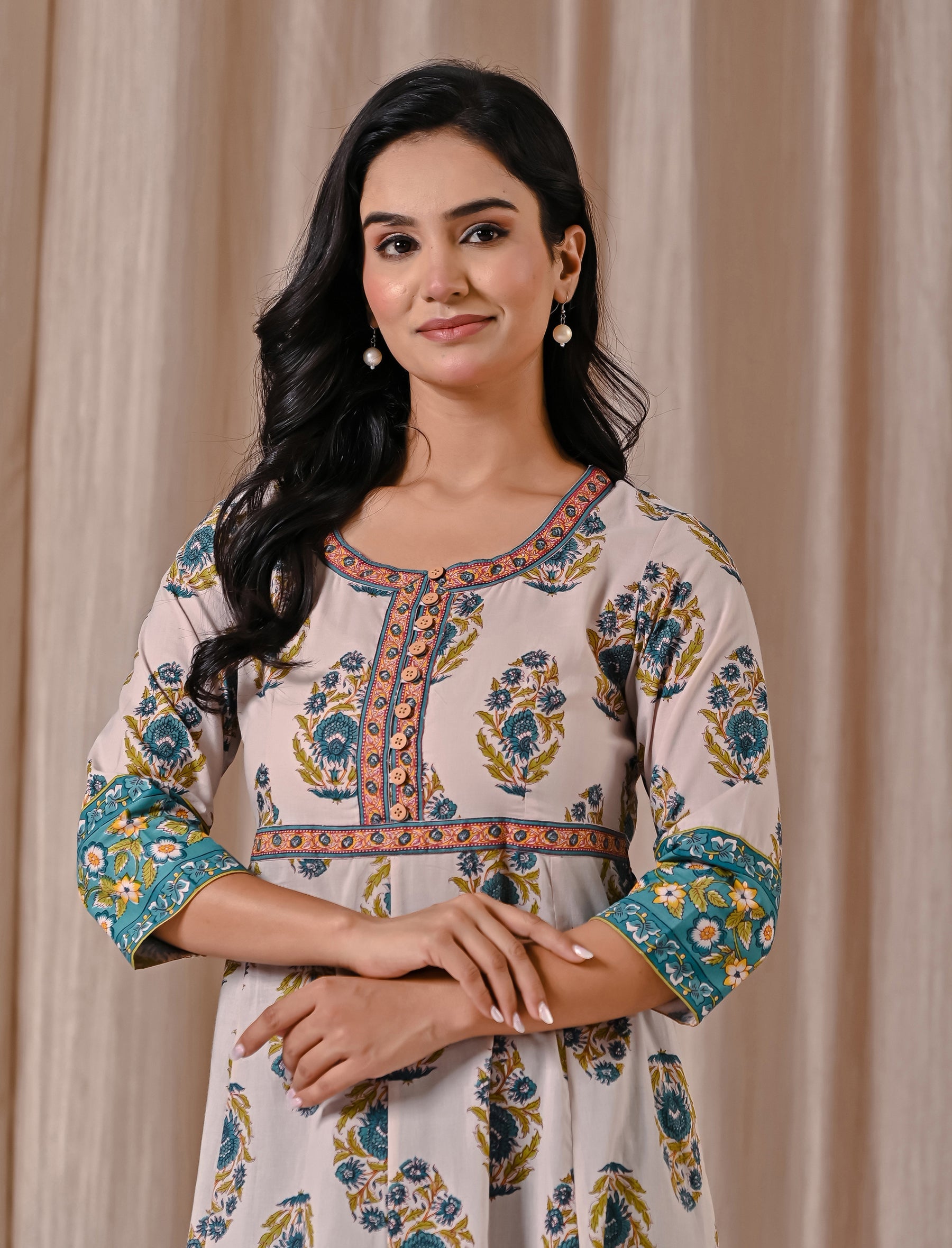 Grey Butta Block Printed Cotton Dress With Buttons