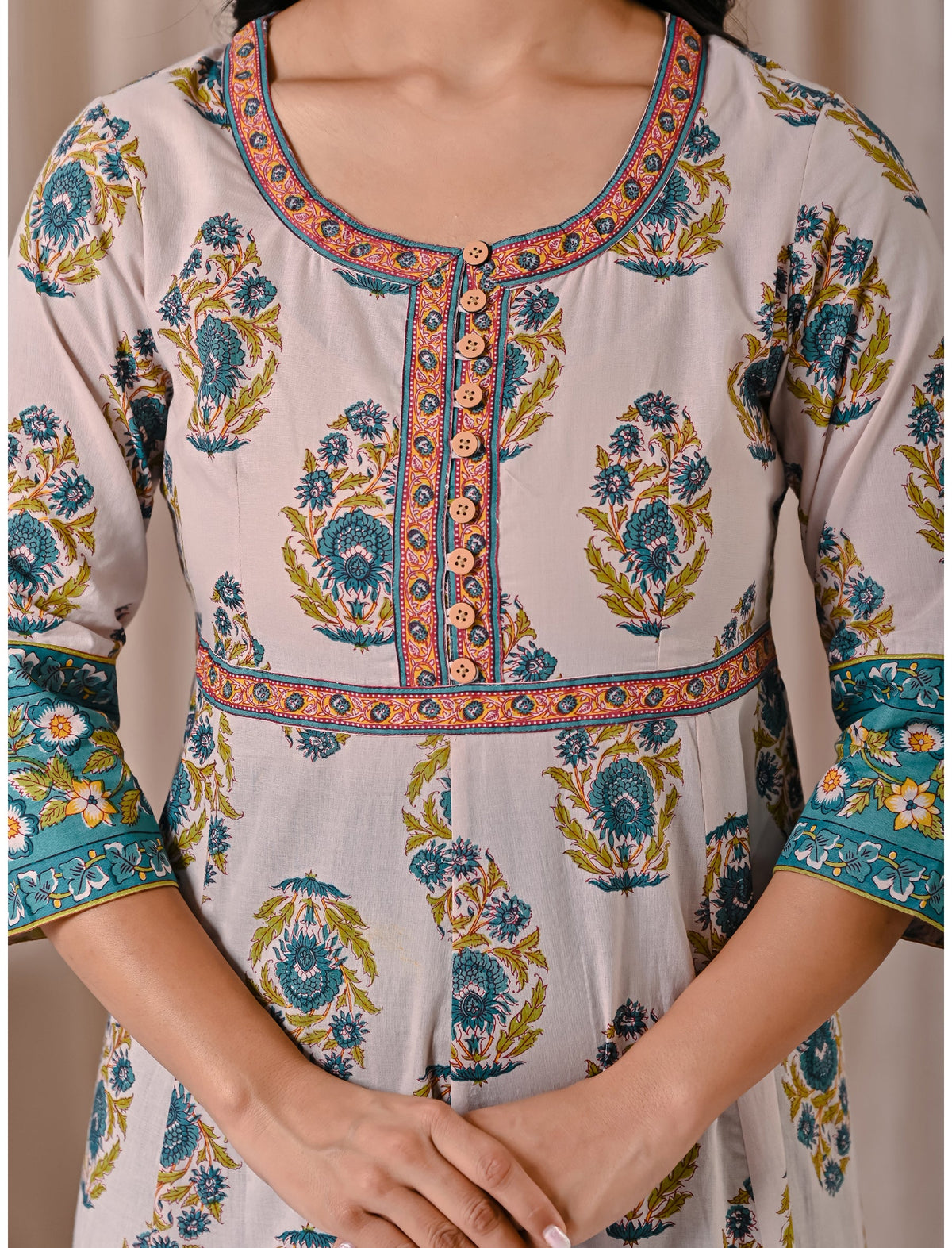 Grey Butta Block Printed Cotton Dress With Buttons