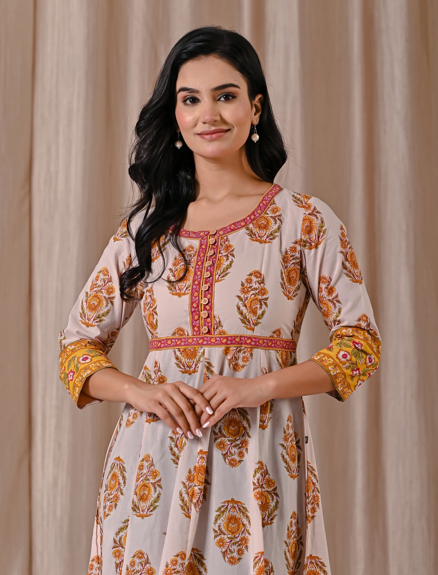 Grey Yellow Butta Block Printed Cotton Dress With Buttons