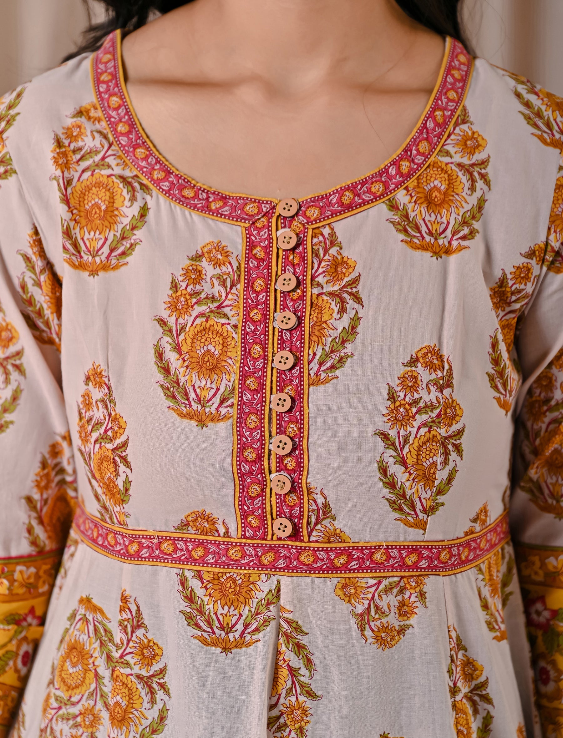 Grey Yellow Butta Block Printed Cotton Dress With Buttons