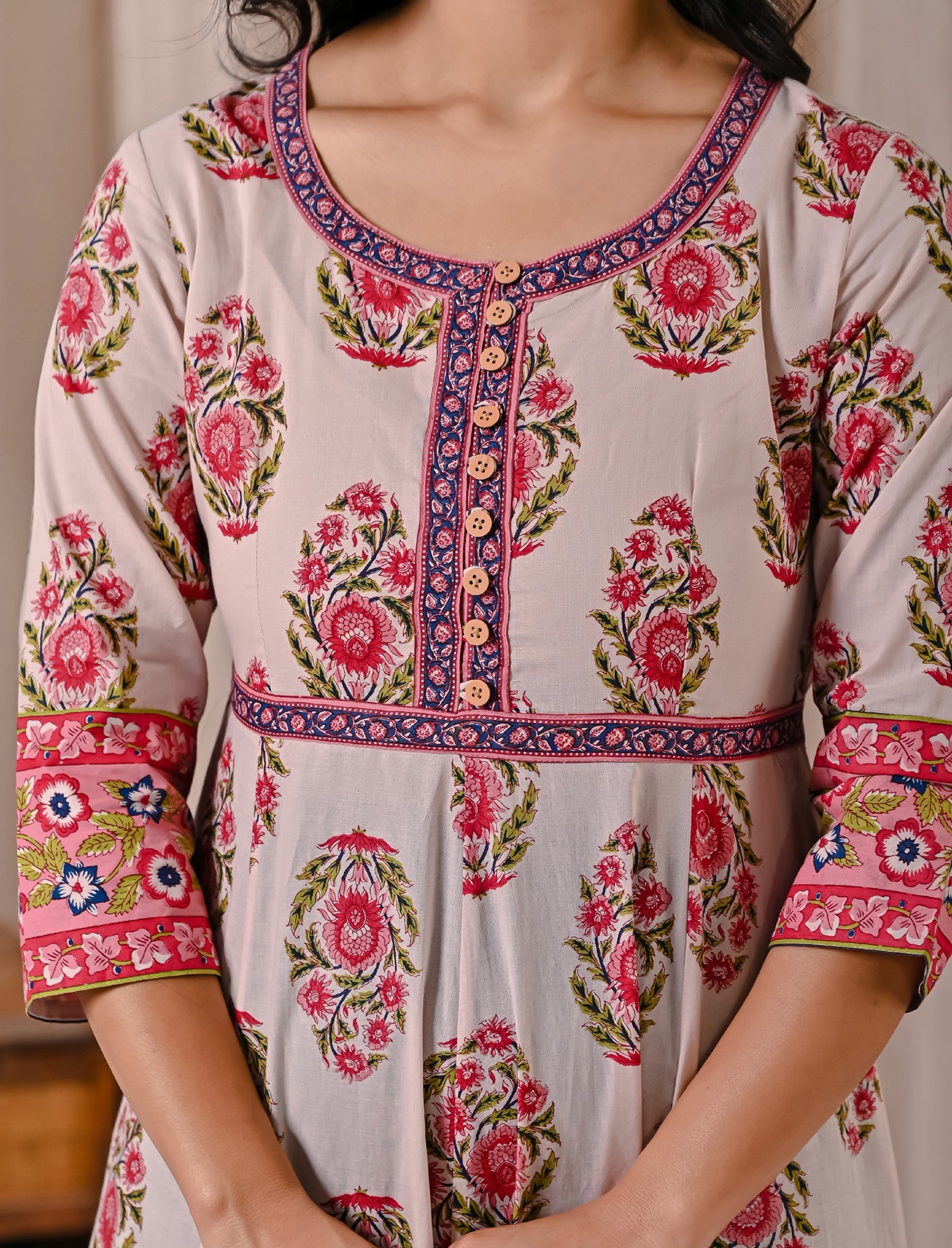 Grey Pink Butta Block Printed Cotton Dress With Buttons
