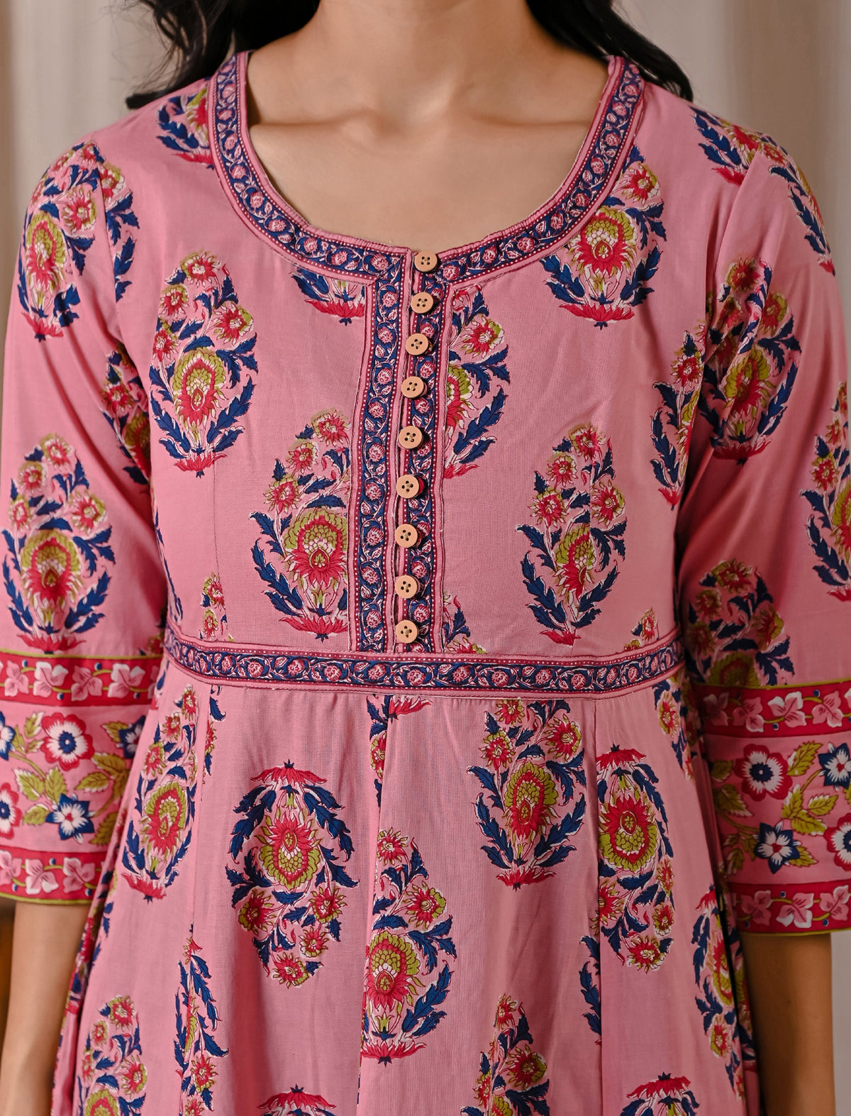 Pink Butta Block Printed Cotton Dress With Buttons