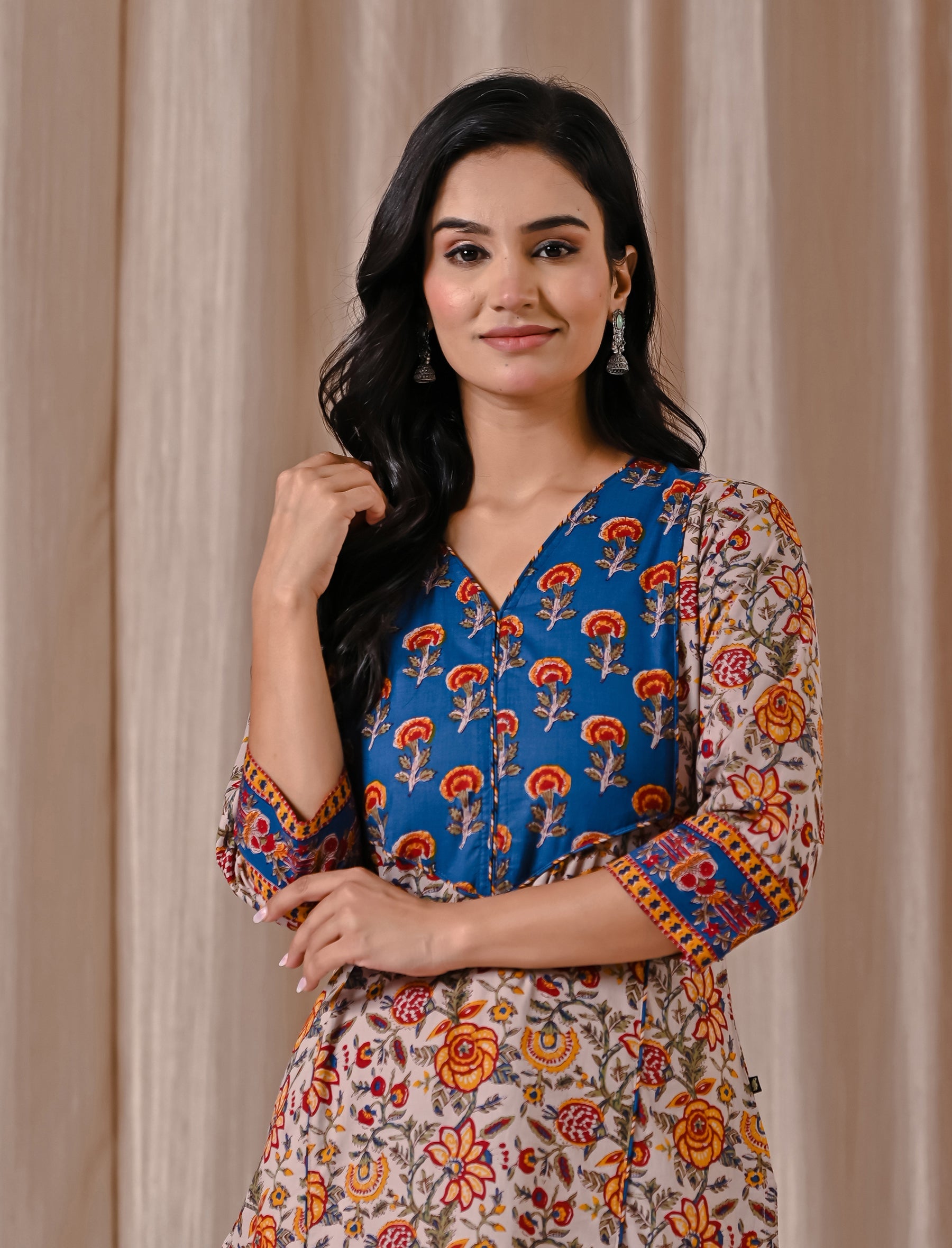Grey Blue Butta Block Printed Cotton Straight Kurti
